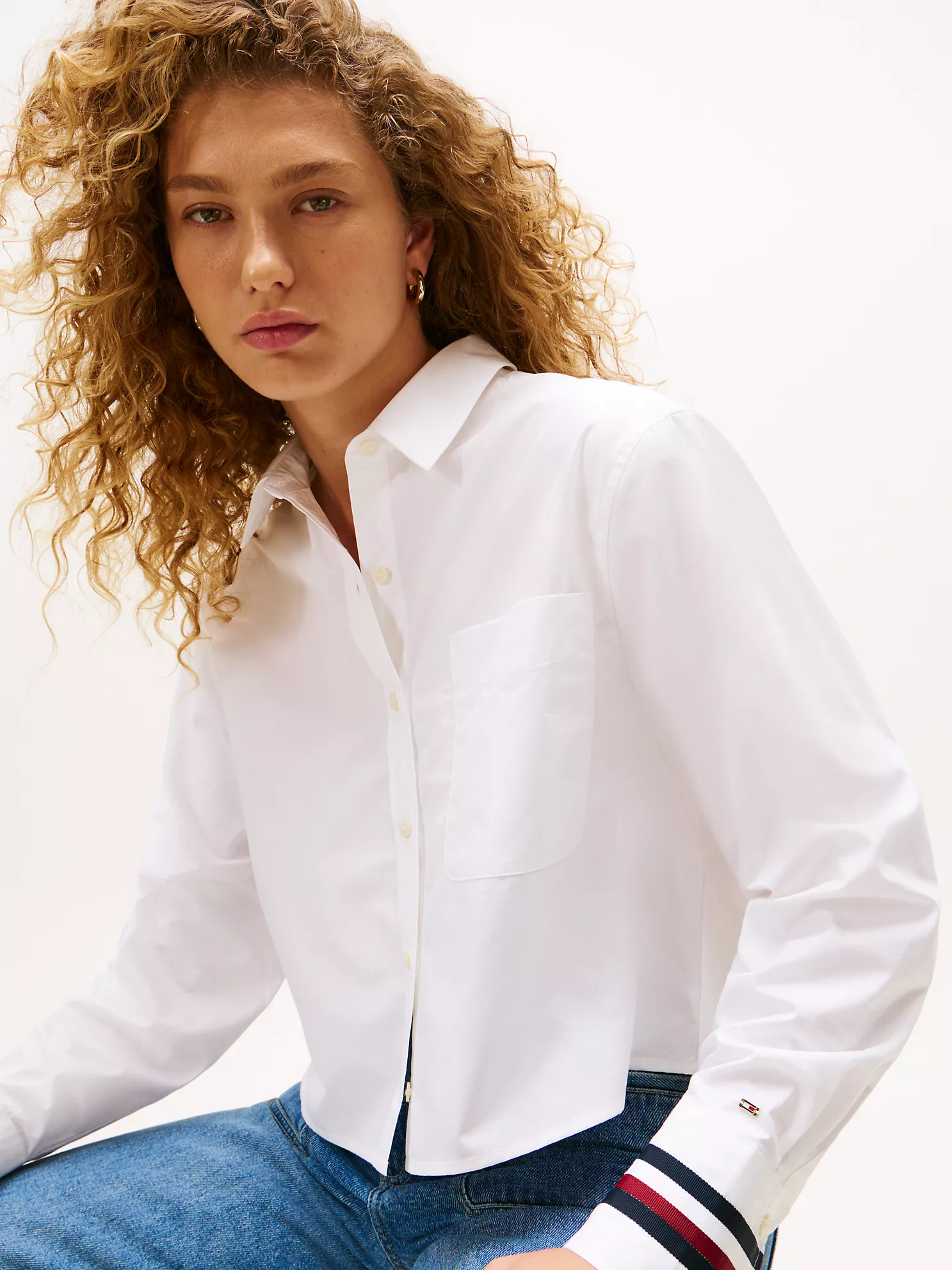 Oversized Cropped Stripe-Cuff Shirt - Optic White 7 Oversized Cropped Stripe-Cuff Shirt
- Optic White