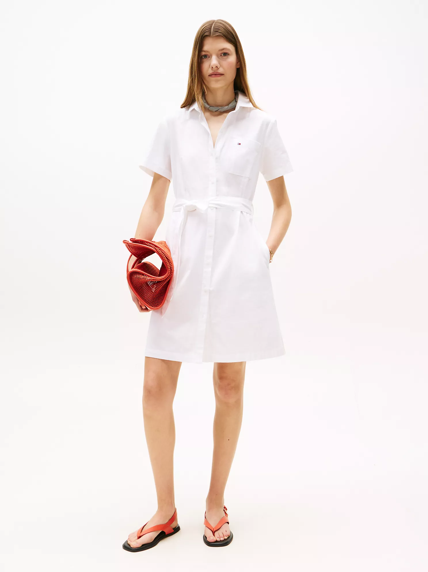 Short-Sleeve Belted Oxford Shirtdress - Optic White 1 Short-Sleeve Belted Oxford Shirtdress
- Optic White