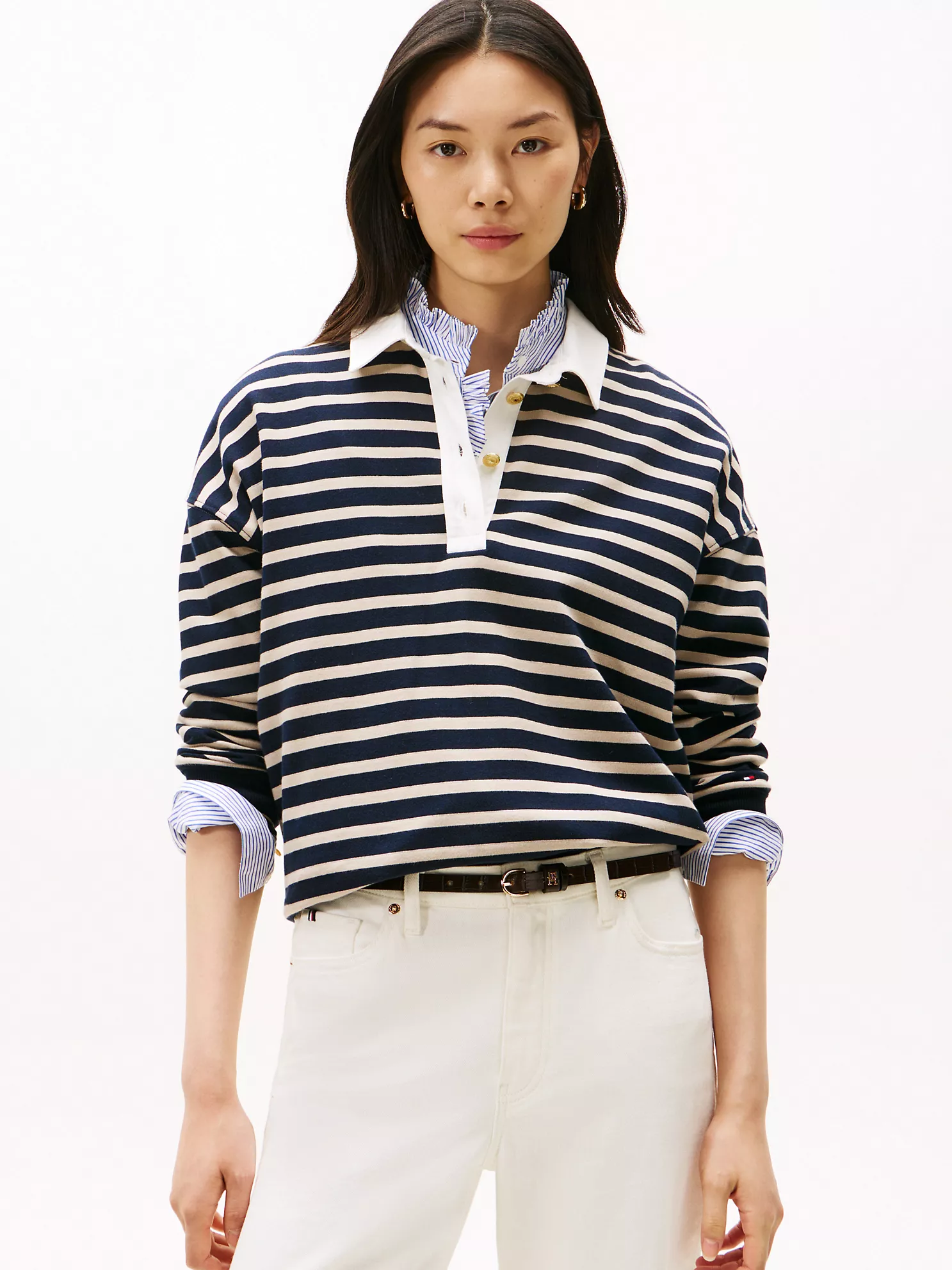 Gold-Button Stripe Polo Sweatshirt - Stone Multi 1 Gold-Button Stripe Polo Sweatshirt
- Stone Multi