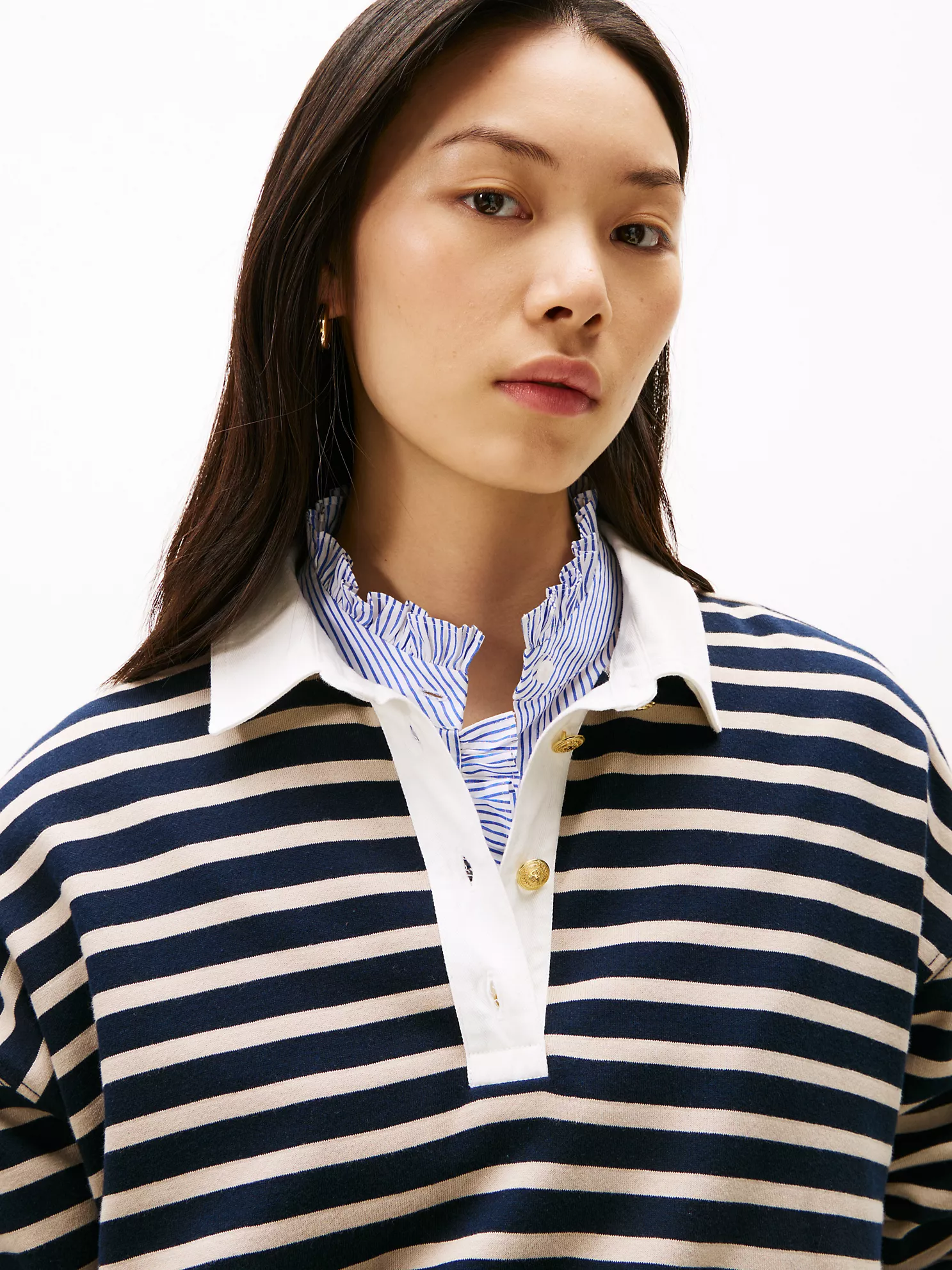 Gold-Button Stripe Polo Sweatshirt - Stone Multi 7 Gold-Button Stripe Polo Sweatshirt
- Stone Multi