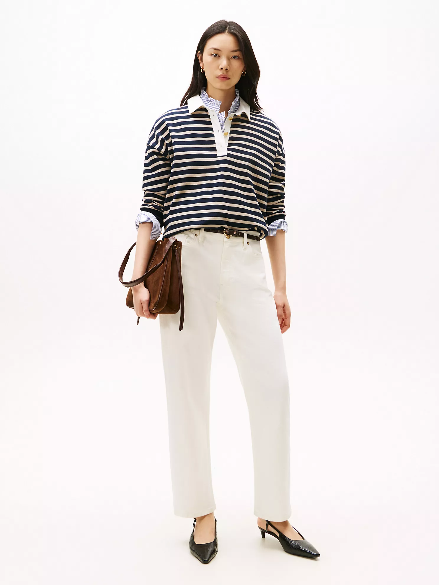 Gold-Button Stripe Polo Sweatshirt - Stone Multi 8 Gold-Button Stripe Polo Sweatshirt
- Stone Multi