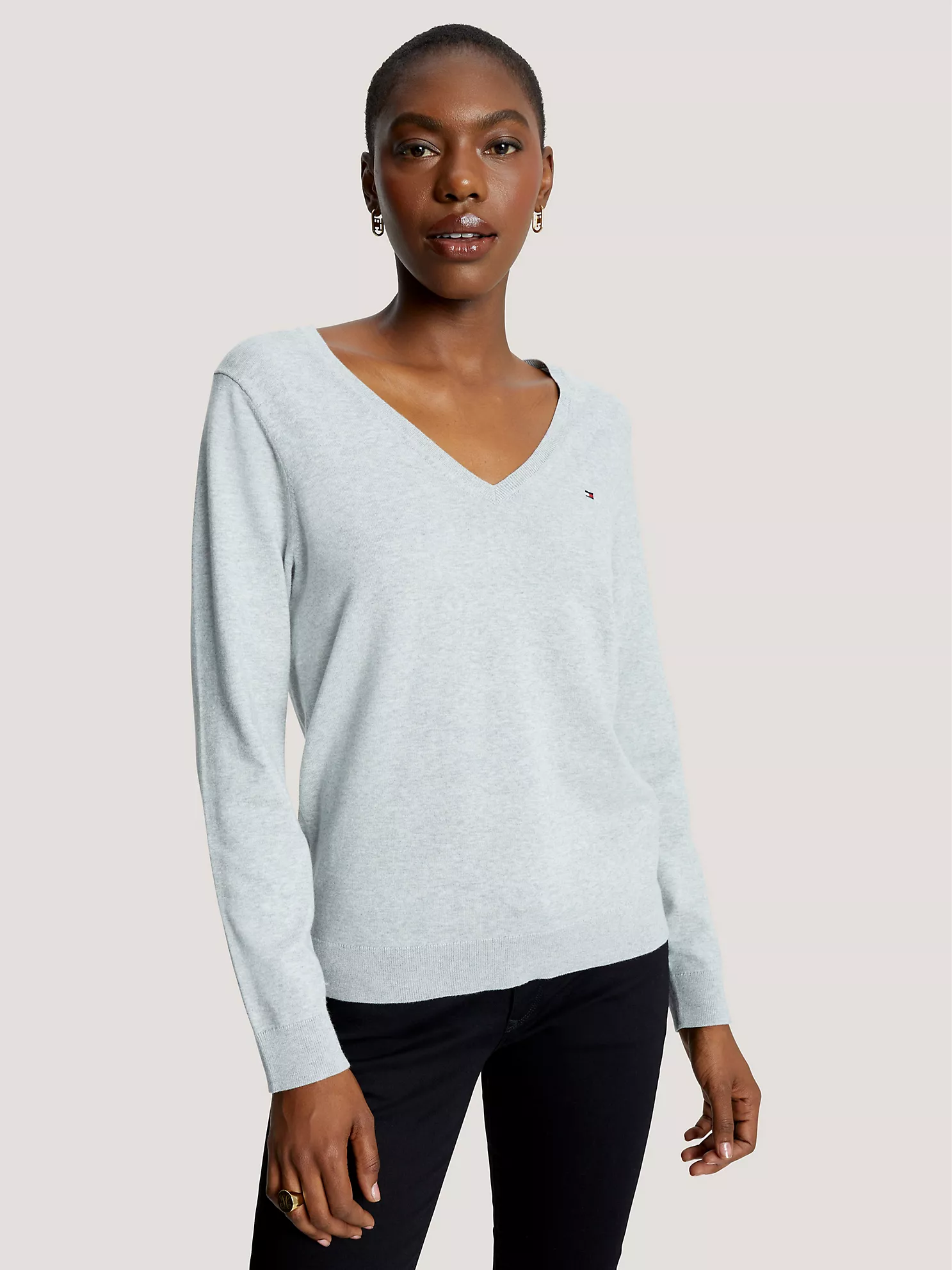 Solid Cotton-Blend V-Neck Sweater - Grey Heather 1 Solid Cotton-Blend V-Neck Sweater
- Grey Heather