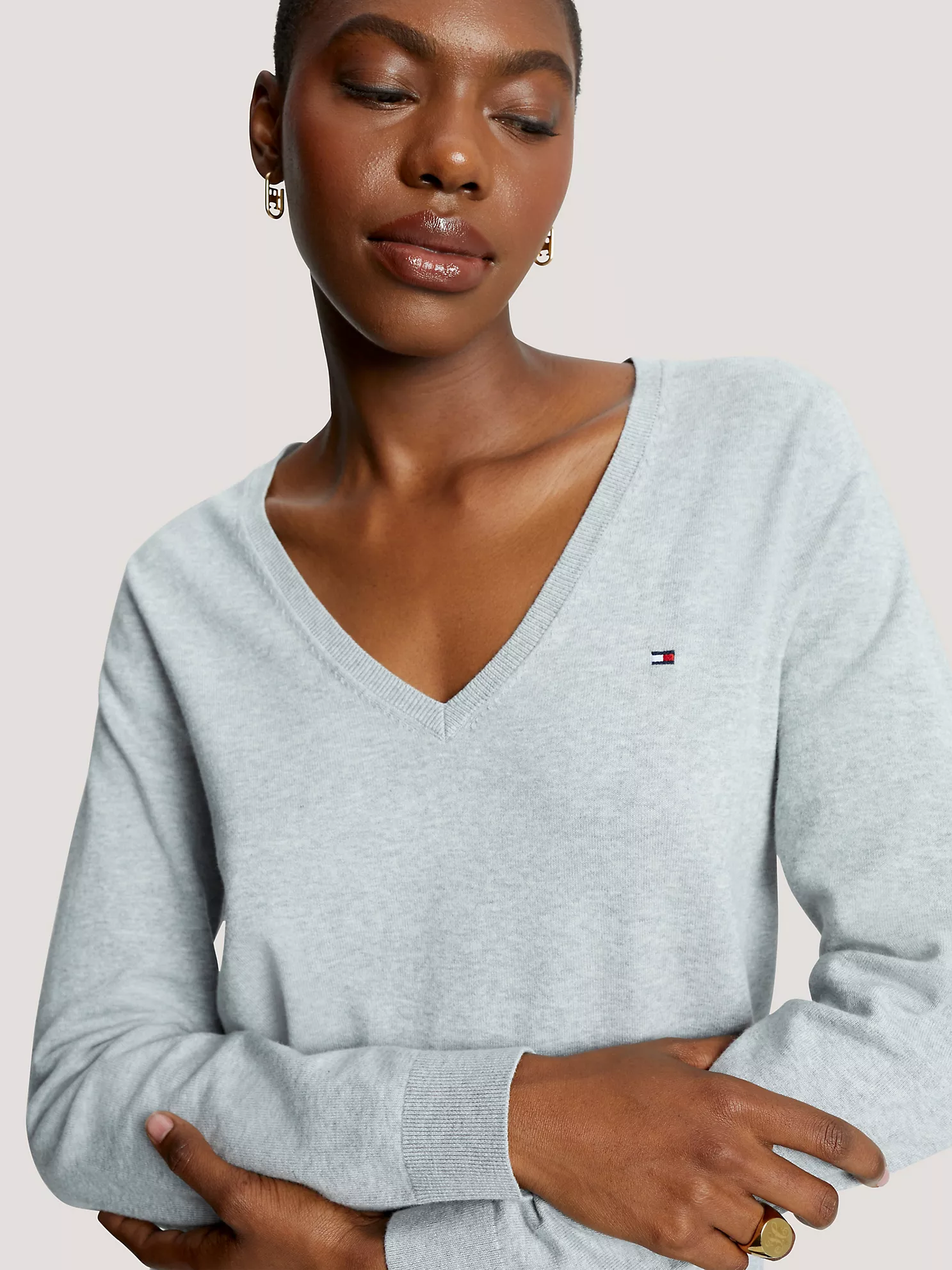 Solid Cotton-Blend V-Neck Sweater - Grey Heather 7 Solid Cotton-Blend V-Neck Sweater
- Grey Heather