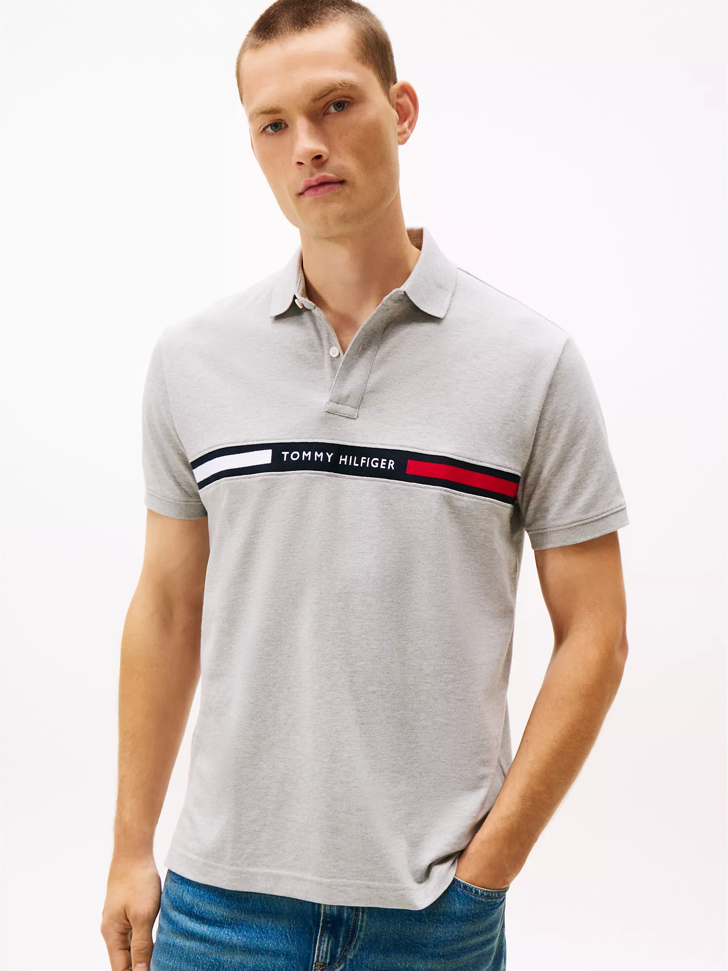 Regular Fit Embroidered Stripe Polo - Grey Heather 1 Regular Fit Embroidered Stripe Polo
- Grey Heather