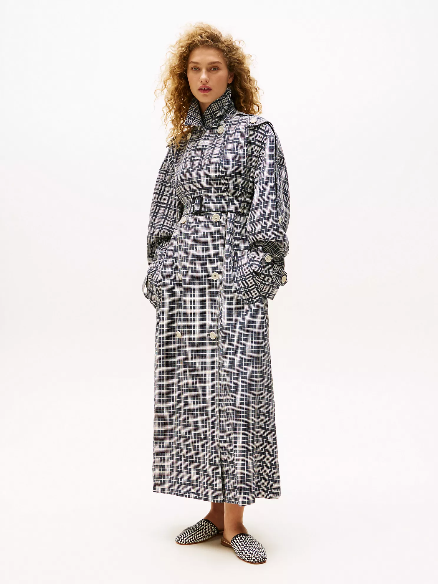 Silk-Blend Check Trench Coat - Navy Cream Check 1 Silk-Blend Check Trench Coat
- Navy Cream Check