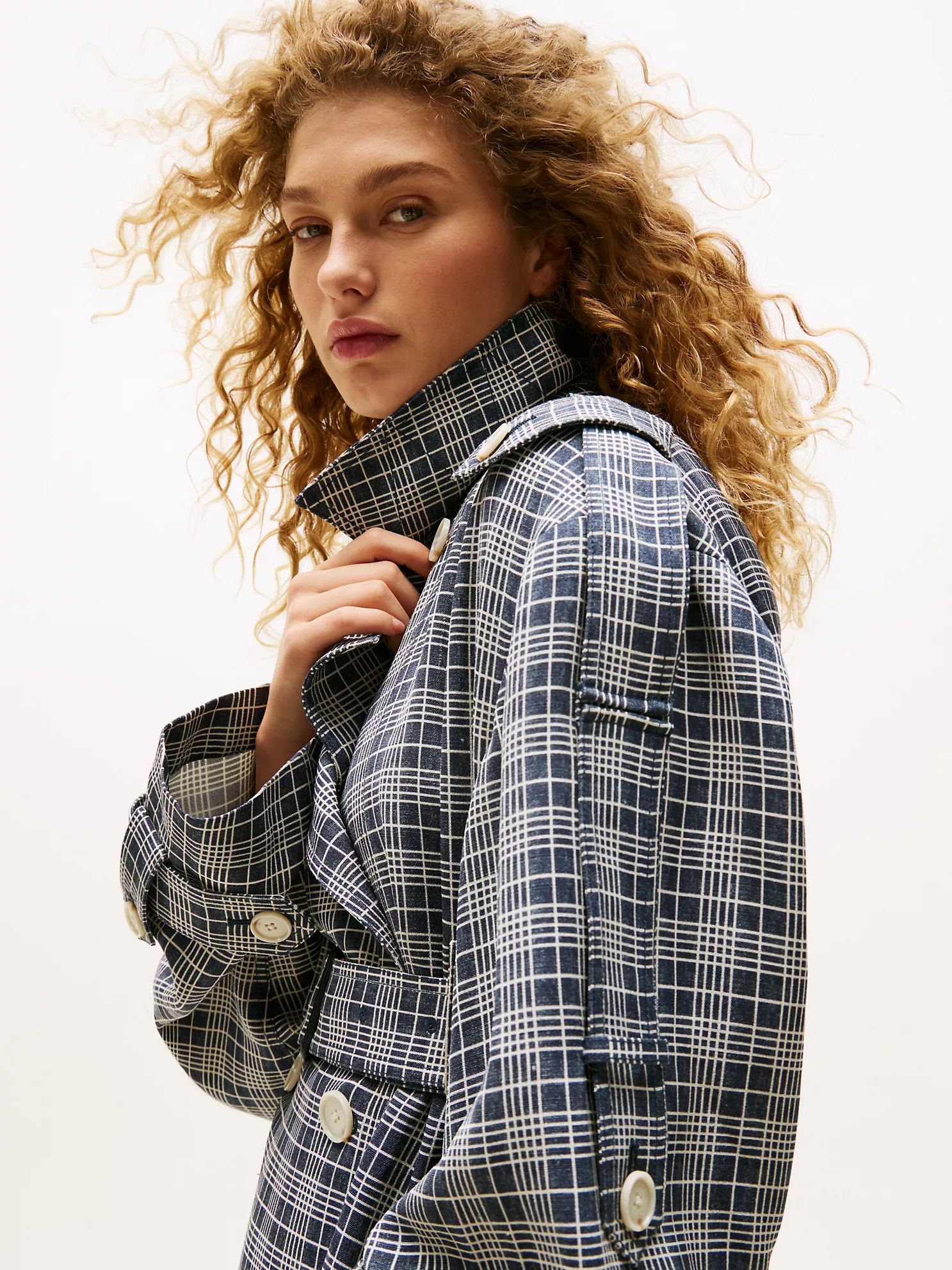 Silk-Blend Check Trench Coat - Navy Cream Check 10 Silk-Blend Check Trench Coat
- Navy Cream Check