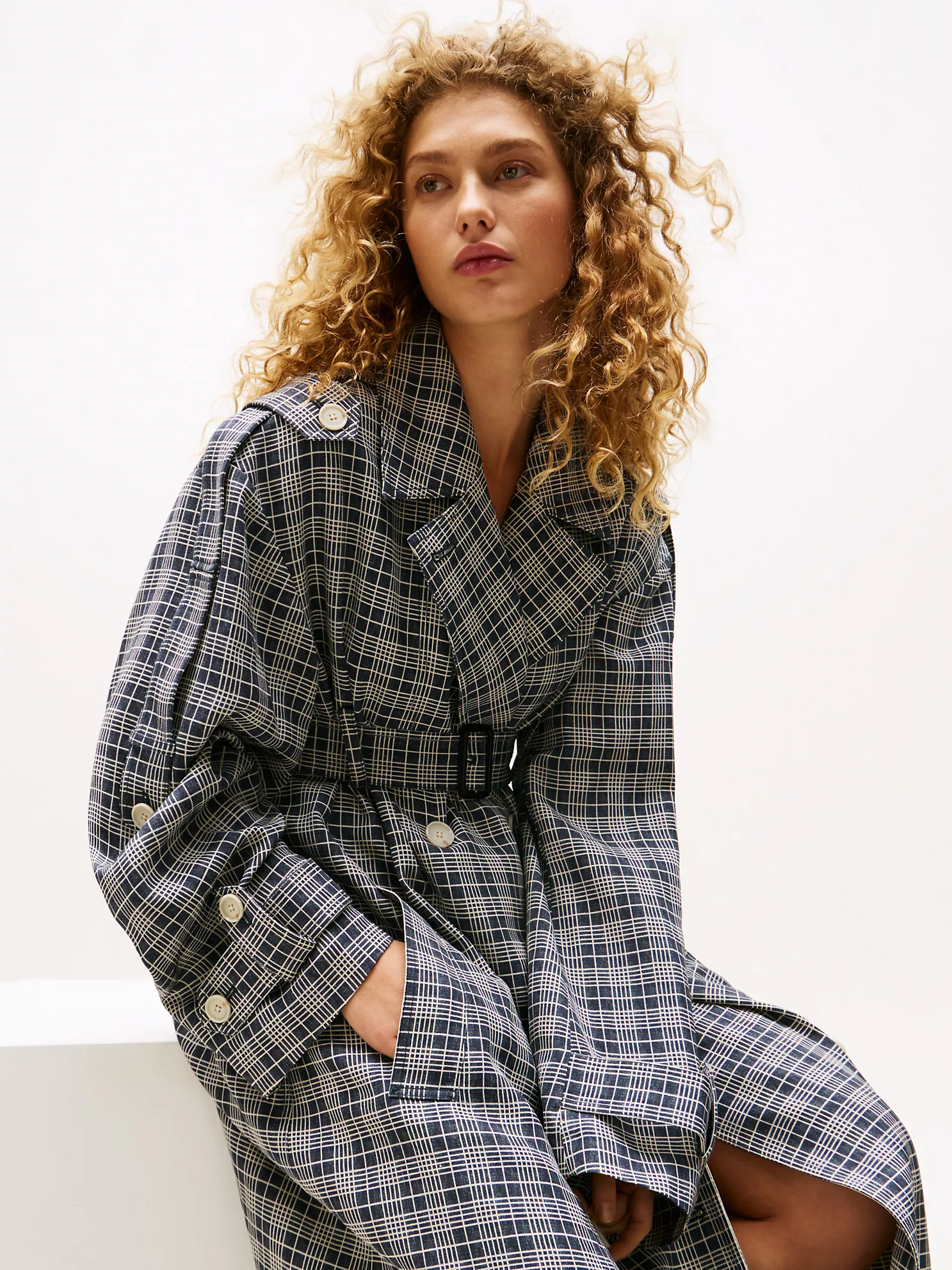 Silk-Blend Check Trench Coat - Navy Cream Check 11 Silk-Blend Check Trench Coat
- Navy Cream Check
