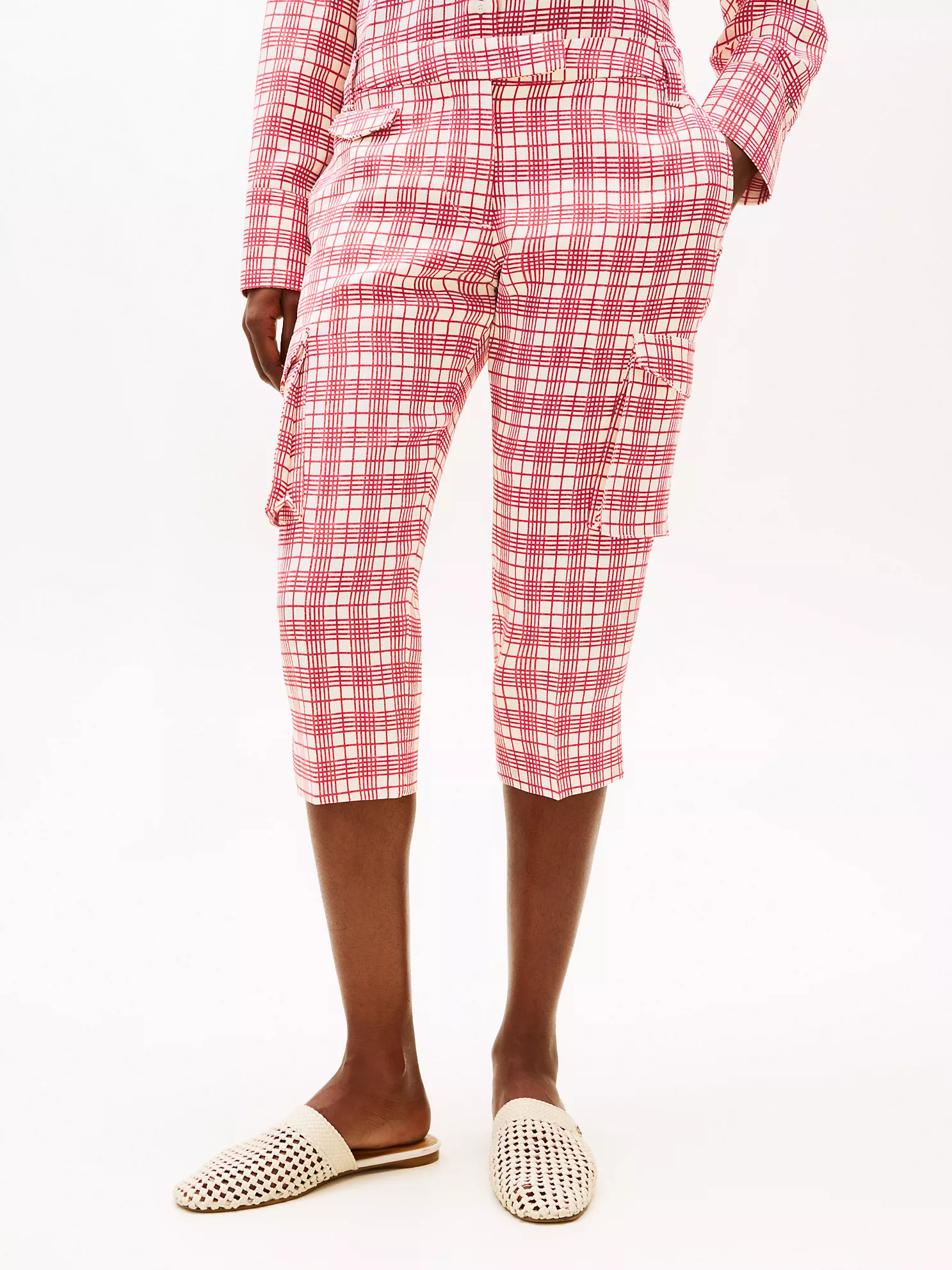 Silk Blend Check Capri Cargo Pant - Cream / Red Check 1 Silk Blend Check Capri Cargo Pant
- Cream / Red Check