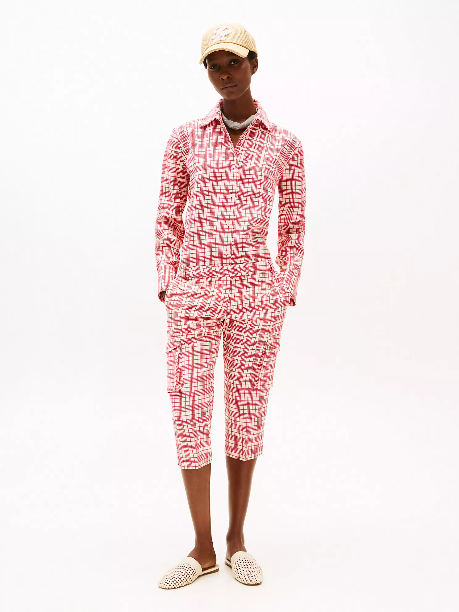 Silk Blend Check Capri Cargo Pant - Cream / Red Check 8 Silk Blend Check Capri Cargo Pant
- Cream / Red Check