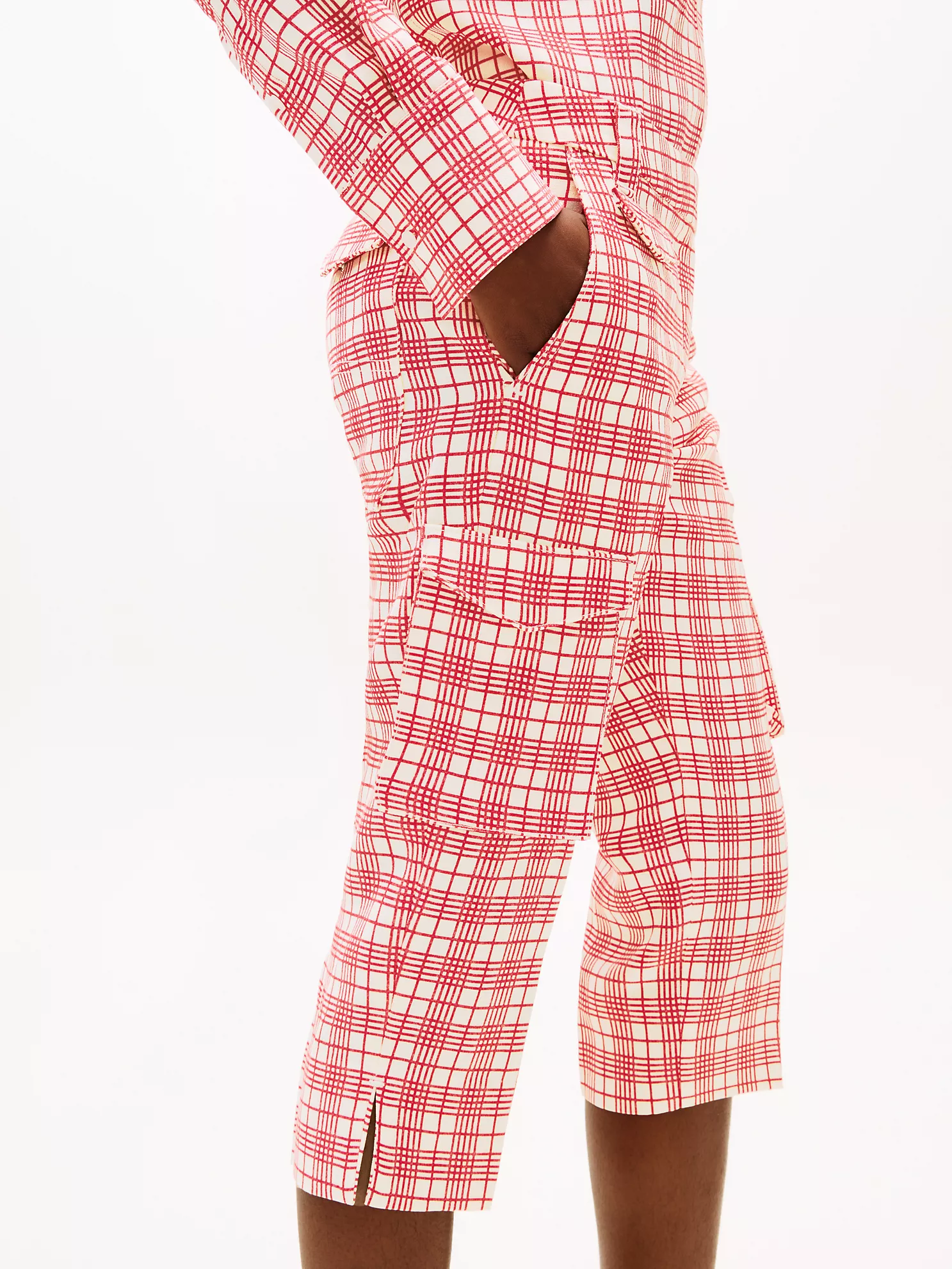 Silk Blend Check Capri Cargo Pant - Cream / Red Check 9 Silk Blend Check Capri Cargo Pant
- Cream / Red Check