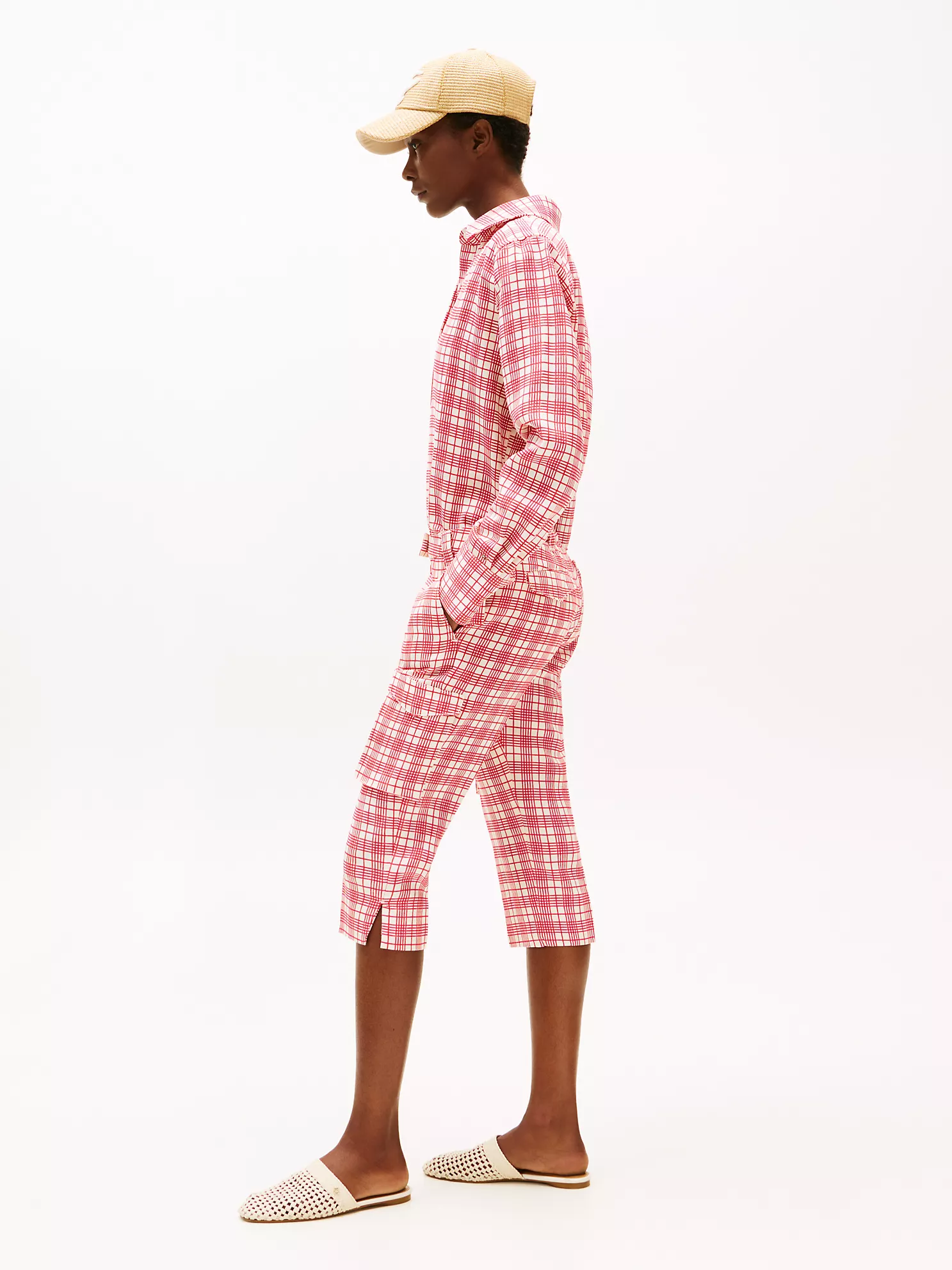Silk Blend Check Capri Cargo Pant - Cream / Red Check 10 Silk Blend Check Capri Cargo Pant
- Cream / Red Check