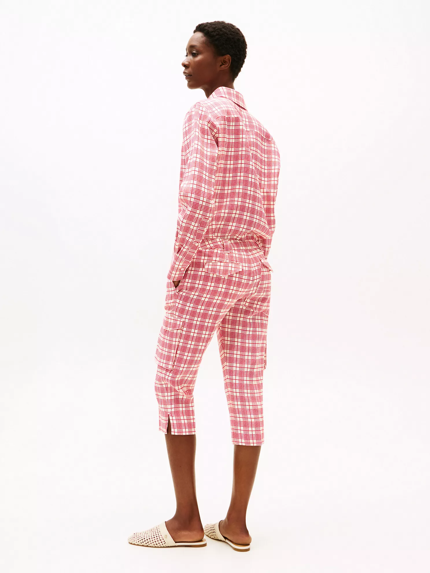 Silk Blend Check Capri Cargo Pant - Cream / Red Check 11 Silk Blend Check Capri Cargo Pant
- Cream / Red Check