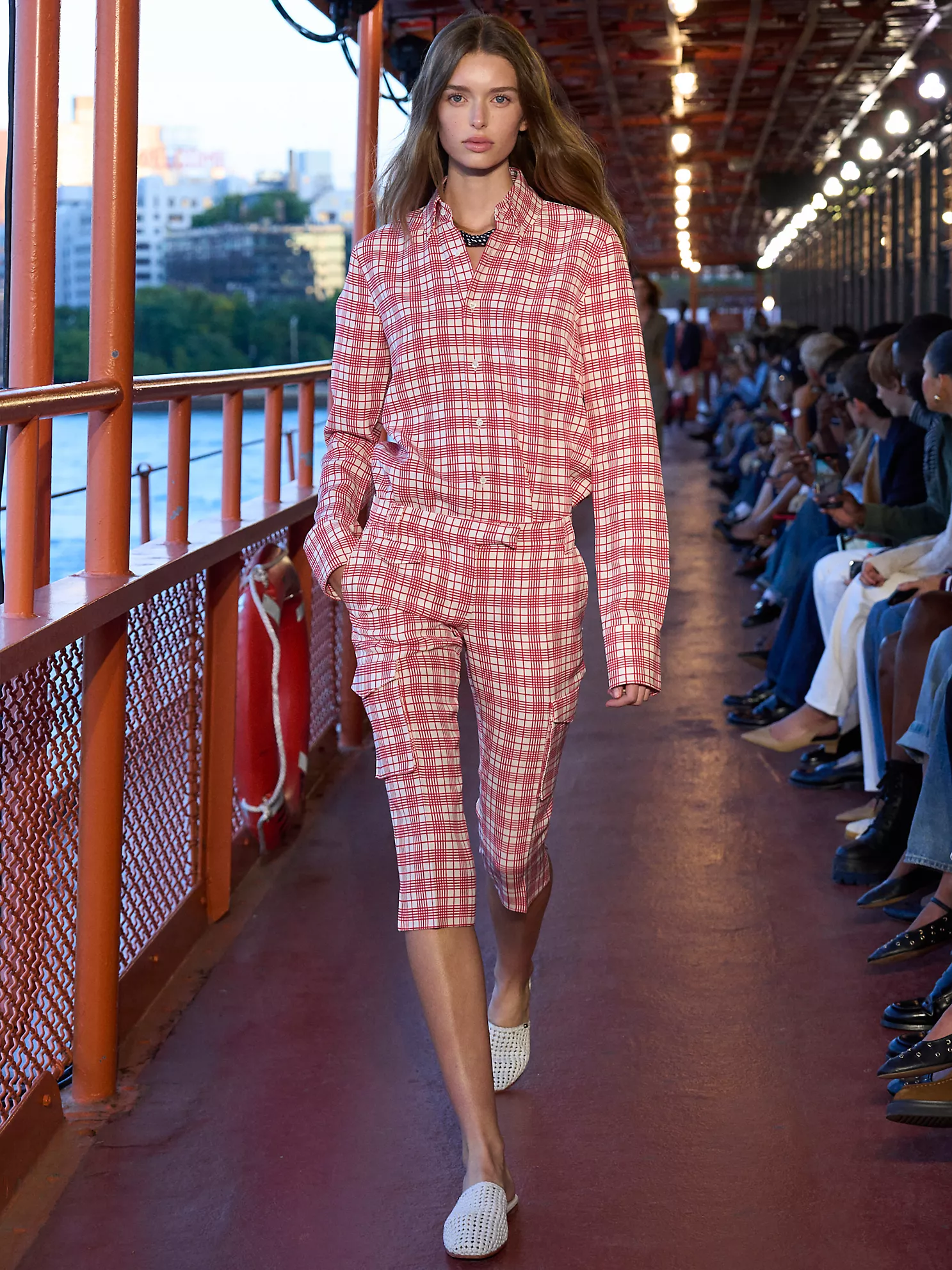 Silk Blend Check Capri Cargo Pant - Cream / Red Check 12 Silk Blend Check Capri Cargo Pant
- Cream / Red Check