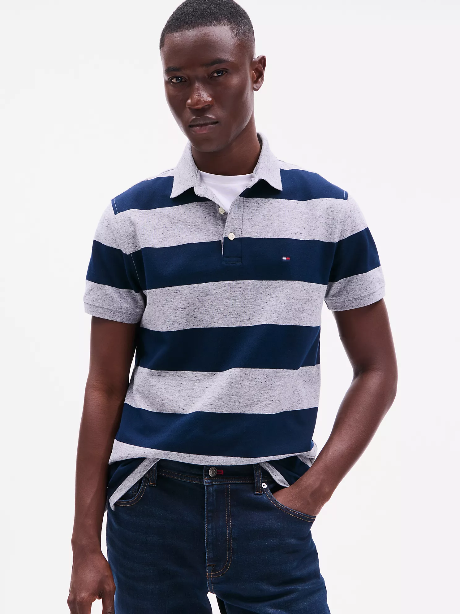 Slim Fit Rugby-Stripe Polo - Grey Heather/Navy Stripe 1 Slim Fit Rugby-Stripe Polo
- Grey Heather/Navy Stripe