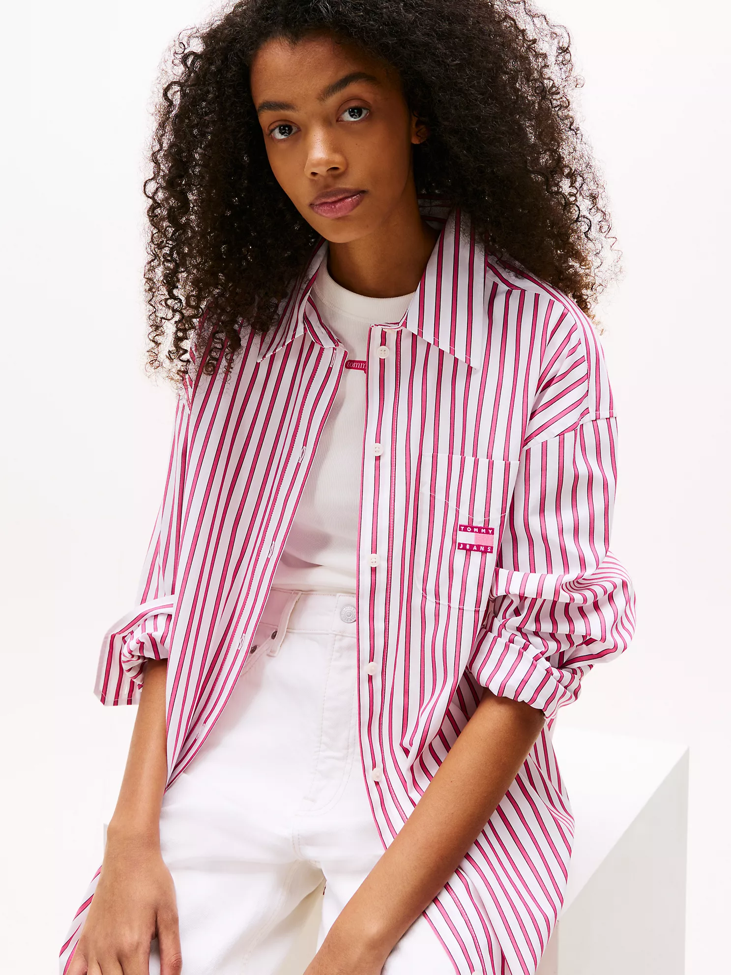 Tommy Jeans Oversized Mini Shirtdress - Ecru / Pink Stripe 7 Tommy Jeans Oversized Mini Shirtdress
- Ecru / Pink Stripe
