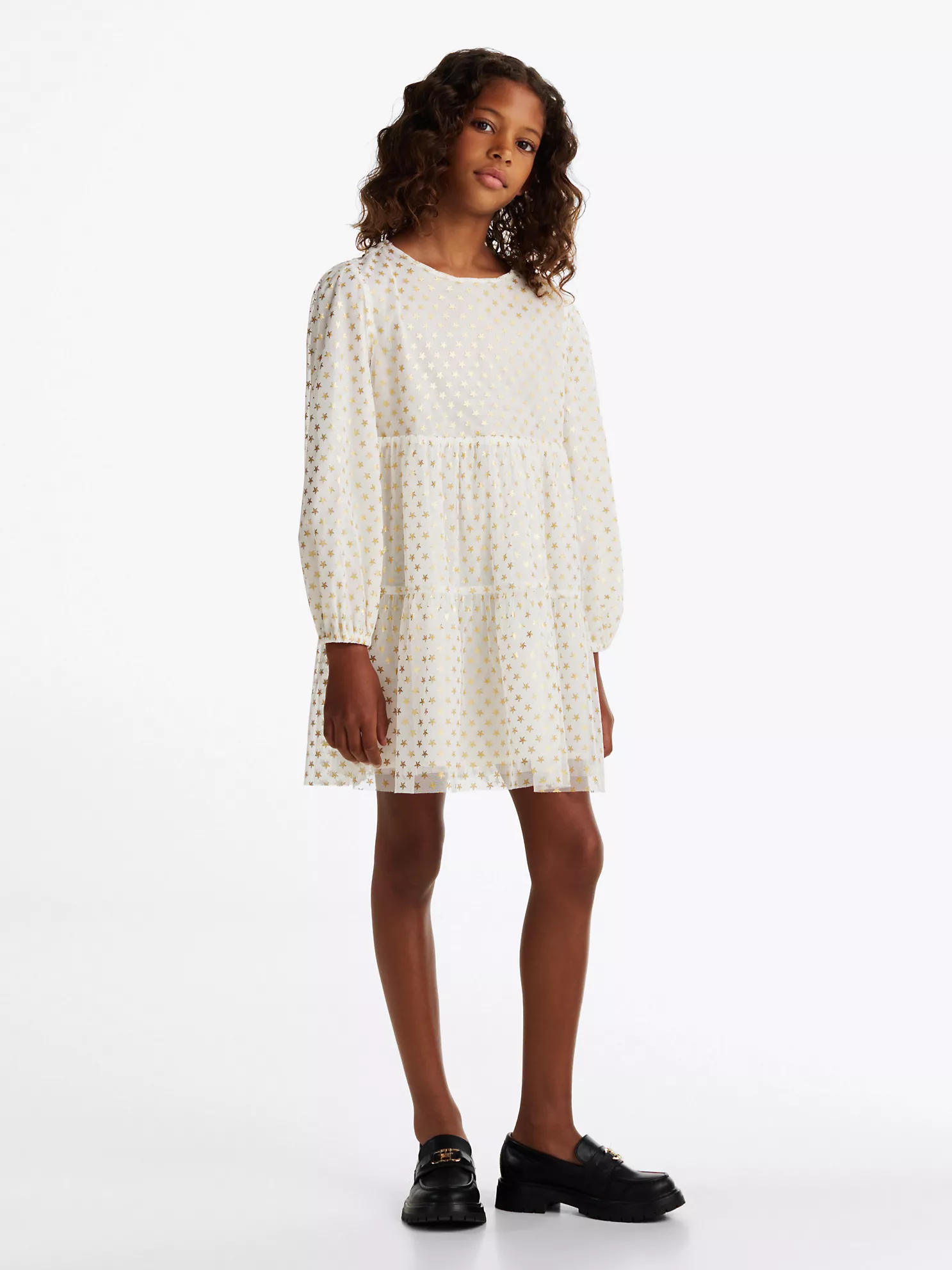 Kids' Long-Sleeve Tiered Foil Star Dress - Ancient White 1 Kids' Long-Sleeve Tiered Foil Star Dress
- Ancient White