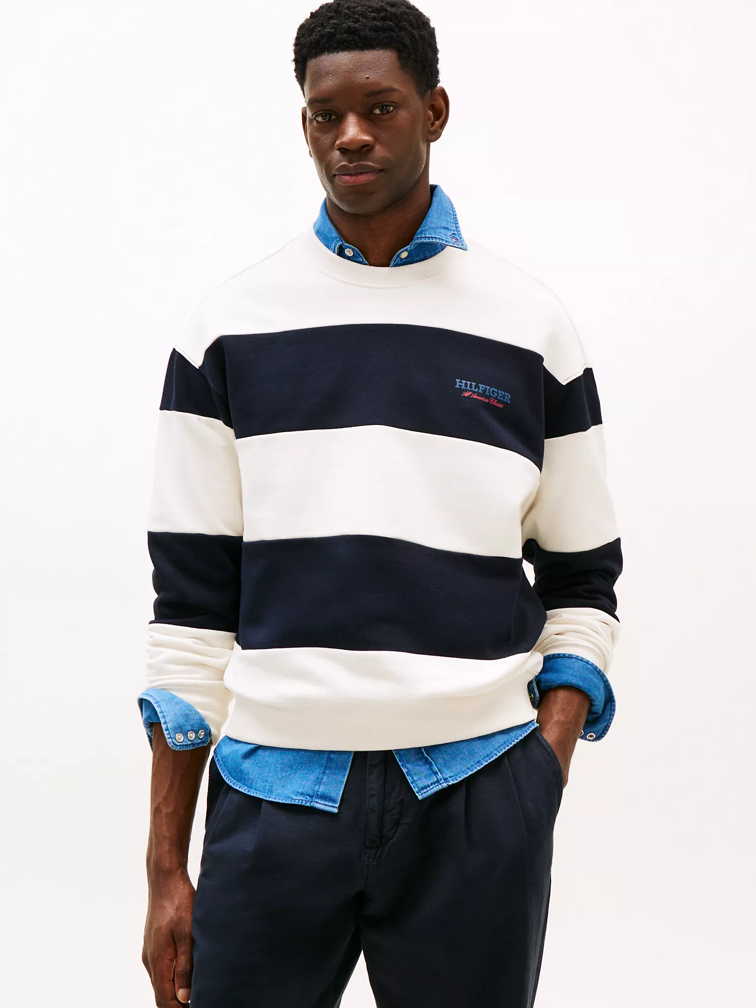 Monotype Logo Block Stripe Sweatshirt - Navy/Ivory Petal Stripe 1 Monotype Logo Block Stripe Sweatshirt
- Navy/Ivory Petal Stripe