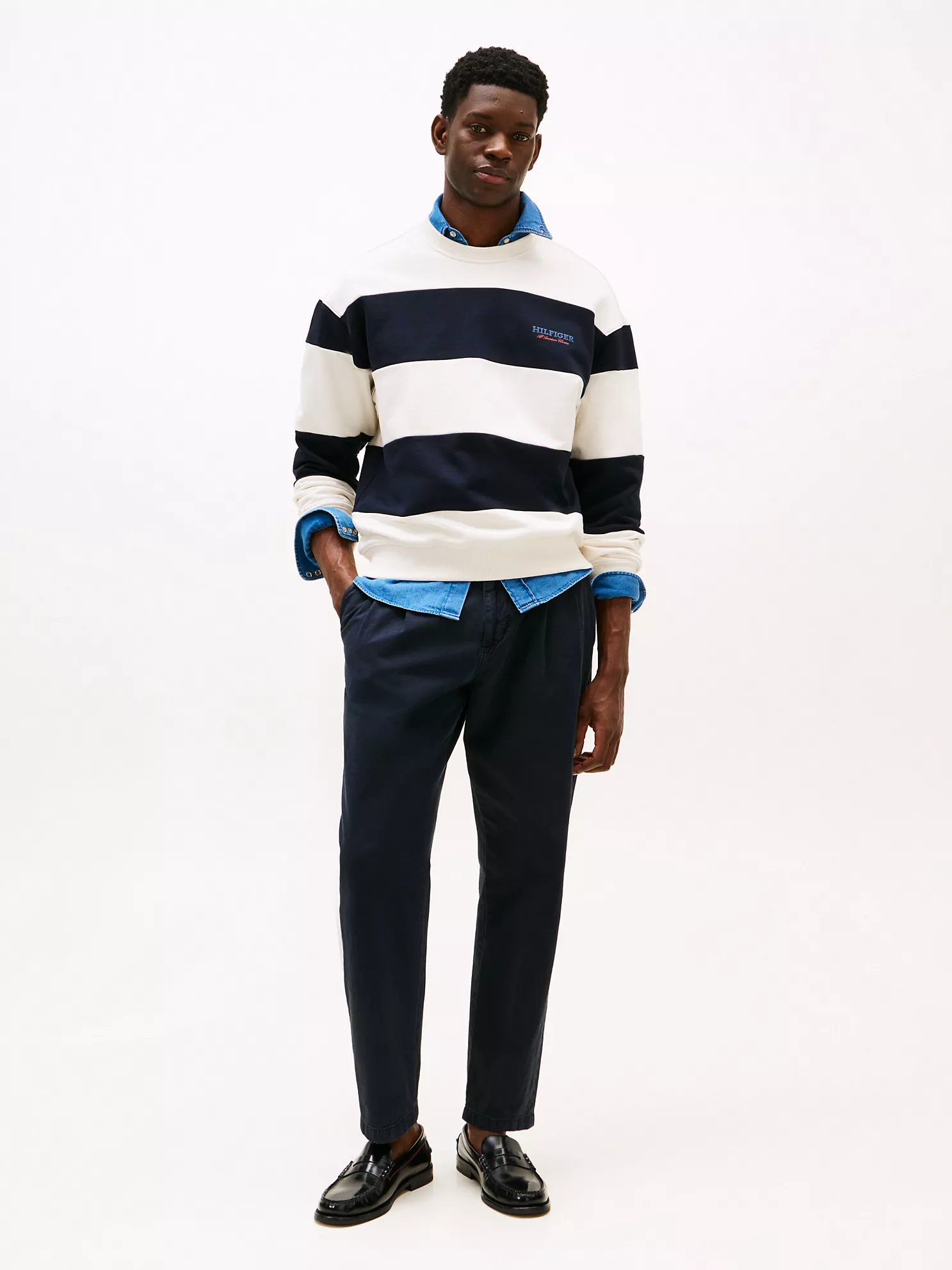 Monotype Logo Block Stripe Sweatshirt - Navy/Ivory Petal Stripe 6 Monotype Logo Block Stripe Sweatshirt
- Navy/Ivory Petal Stripe