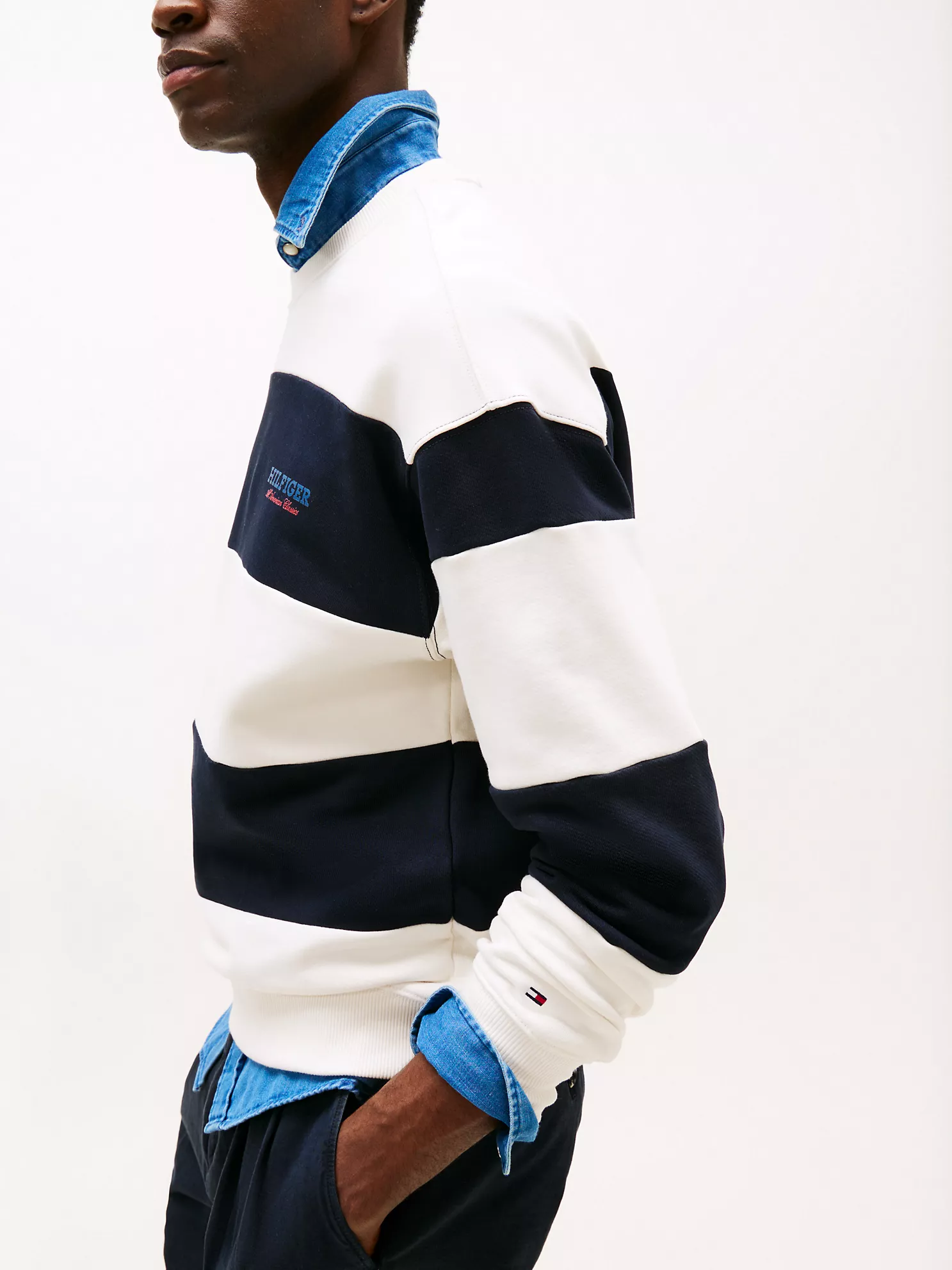 Monotype Logo Block Stripe Sweatshirt - Navy/Ivory Petal Stripe 7 Monotype Logo Block Stripe Sweatshirt
- Navy/Ivory Petal Stripe