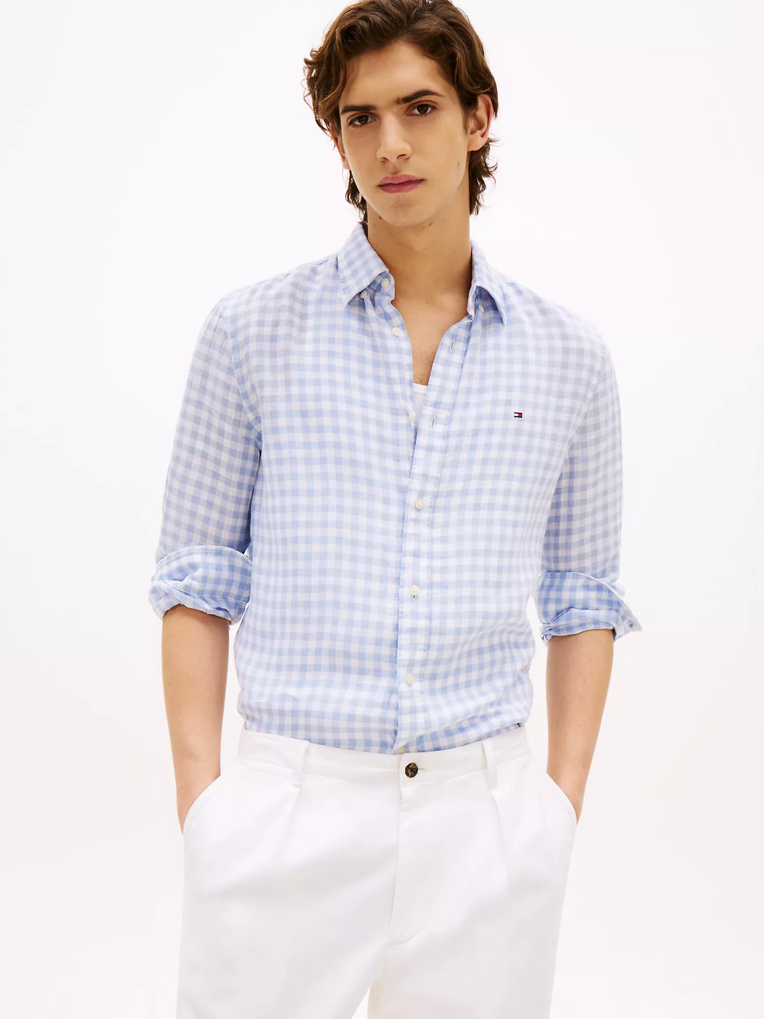 Slim Fit Gingham Print Linen Shirt - Breezy Blue Check 1 Slim Fit Gingham Print Linen Shirt
- Breezy Blue Check