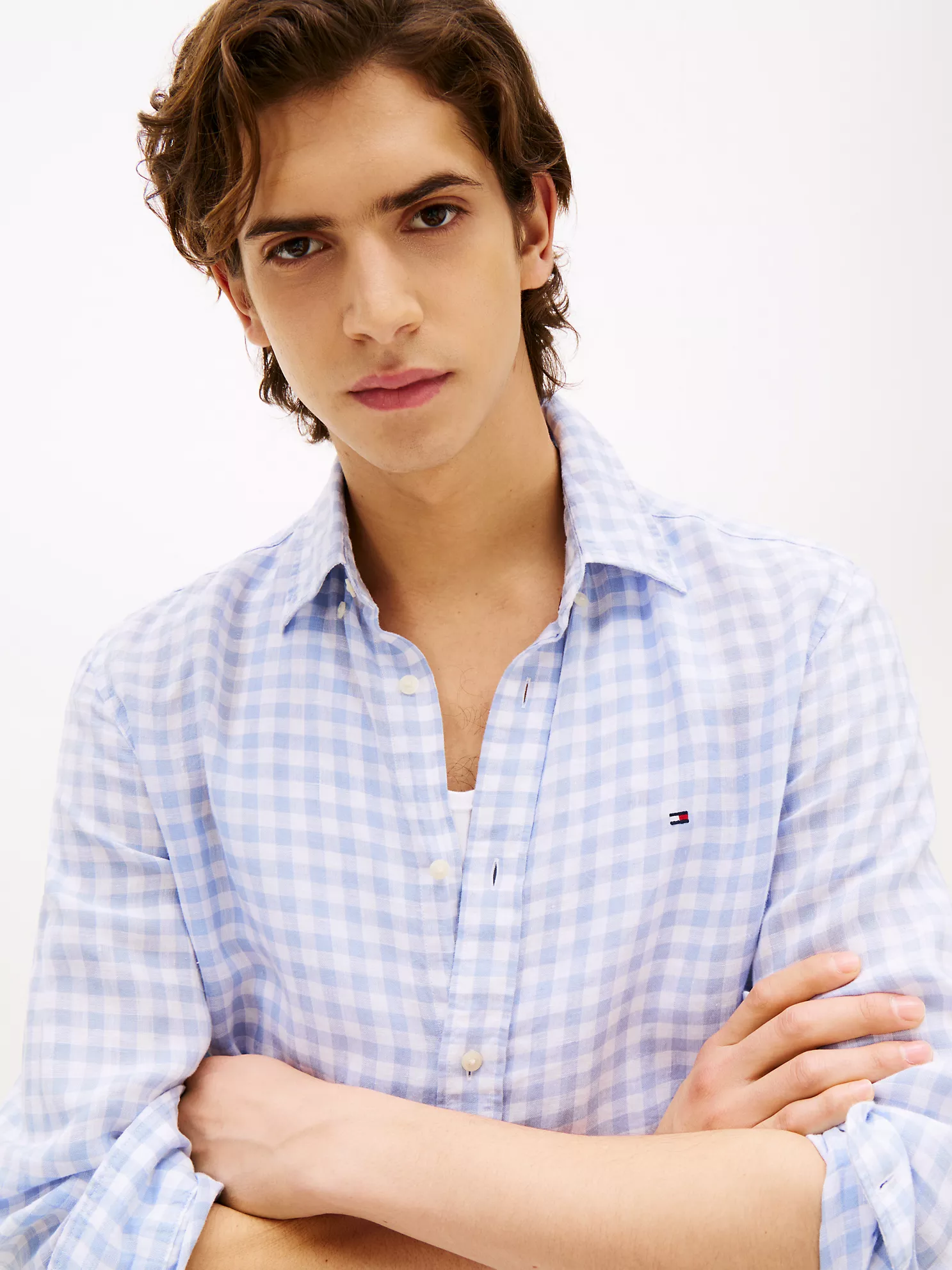 Slim Fit Gingham Print Linen Shirt - Breezy Blue Check 7 Slim Fit Gingham Print Linen Shirt
- Breezy Blue Check