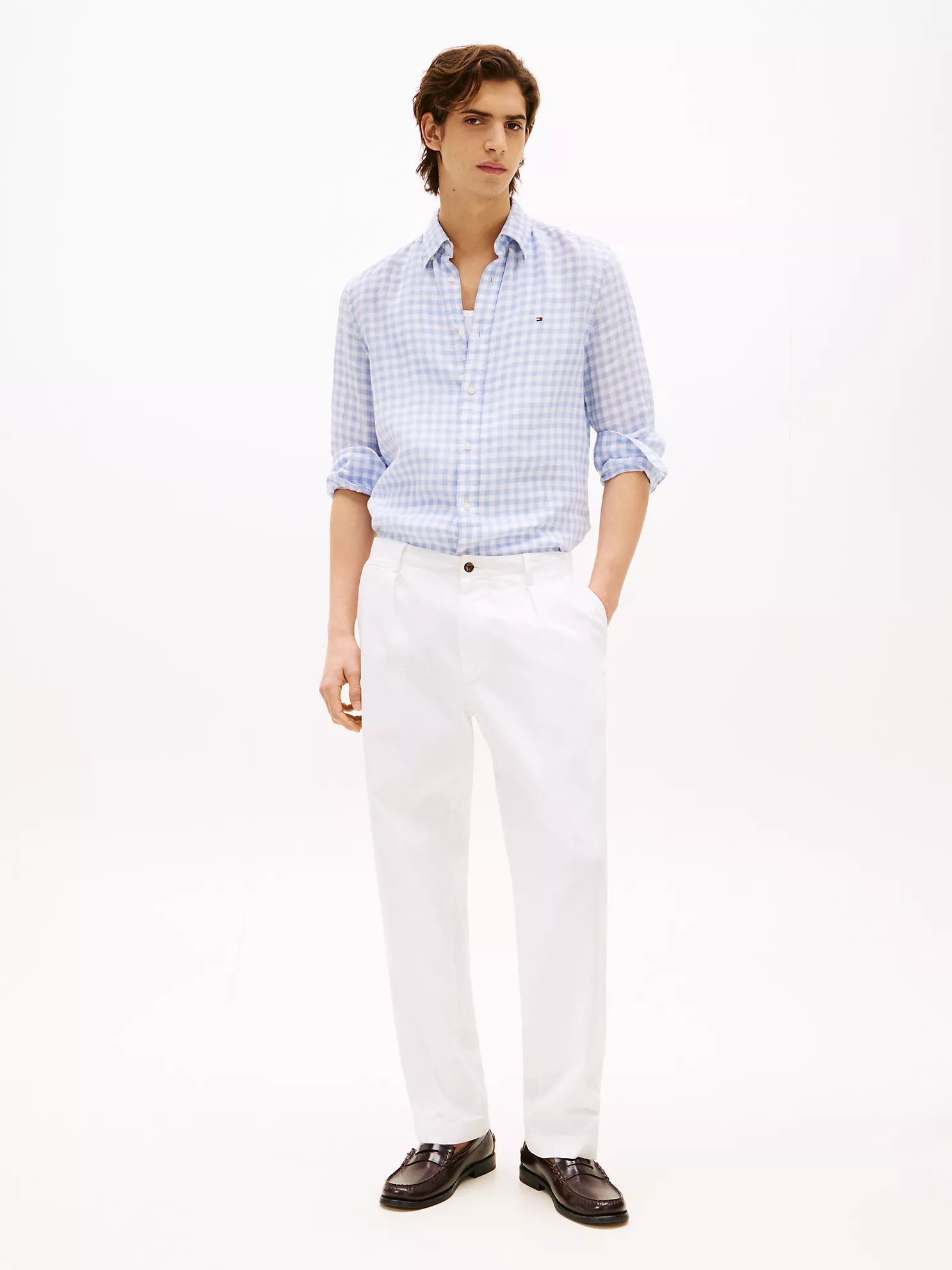 Slim Fit Gingham Print Linen Shirt - Breezy Blue Check 8 Slim Fit Gingham Print Linen Shirt
- Breezy Blue Check