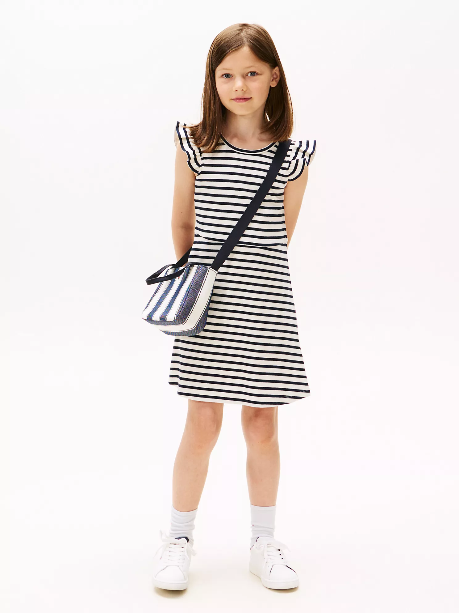 Kids' Flutter Rib-Knit Stripe Dress - Ivory 1 Kids' Flutter Rib-Knit Stripe Dress
- Ivory