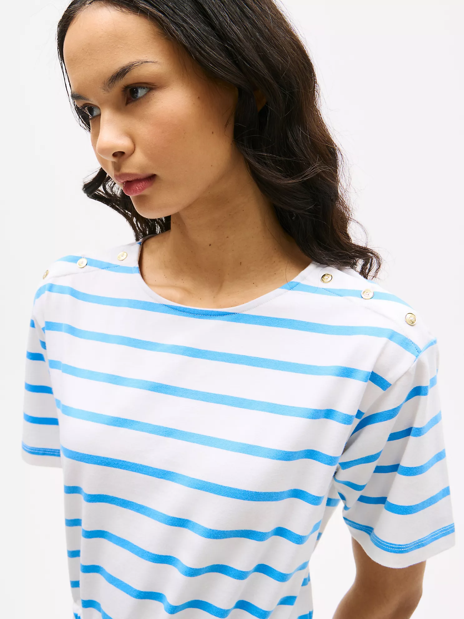 Stripe Belted Gold Button T-Shirt Dress - Optic White / Copenhagen Blue Stripe 1 Stripe Belted Gold Button T-Shirt Dress
- Optic White / Copenhagen Blue Stripe