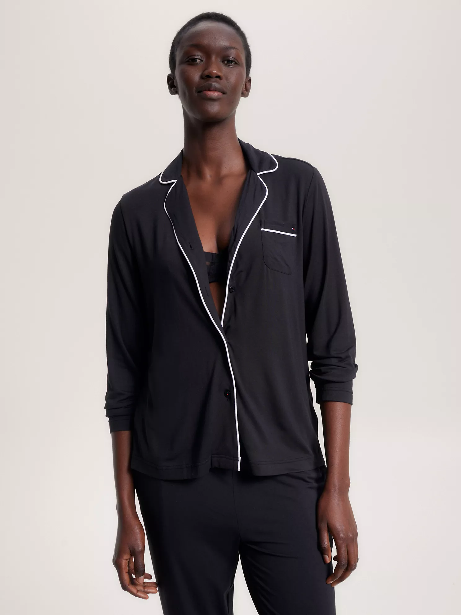 Piped Trim Pajama Shirt - Black 1 Piped Trim Pajama Shirt
- Black