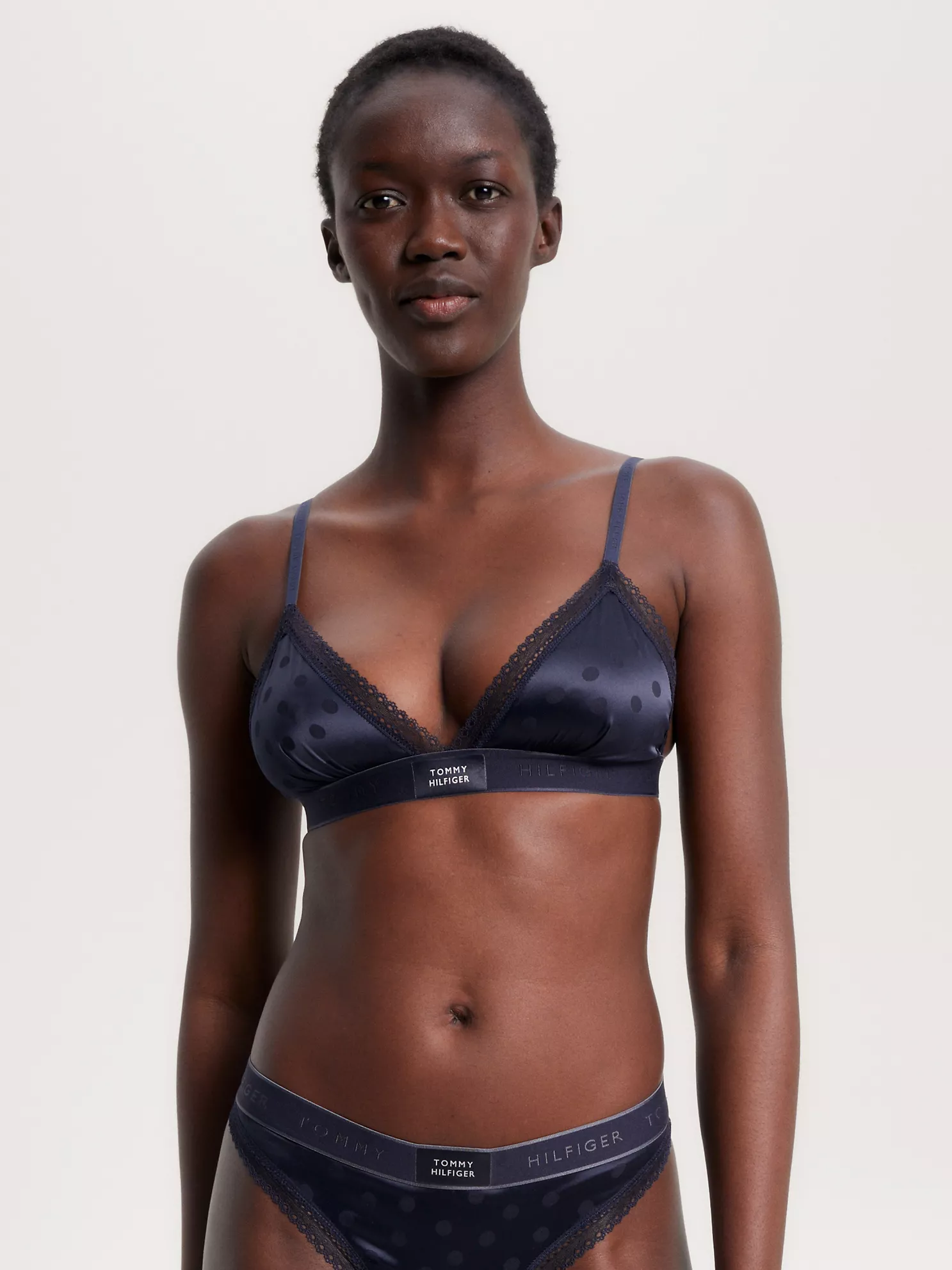 Logo Lace Sateen Triangle Bra - Navy 1 Logo Lace Sateen Triangle Bra
- Navy