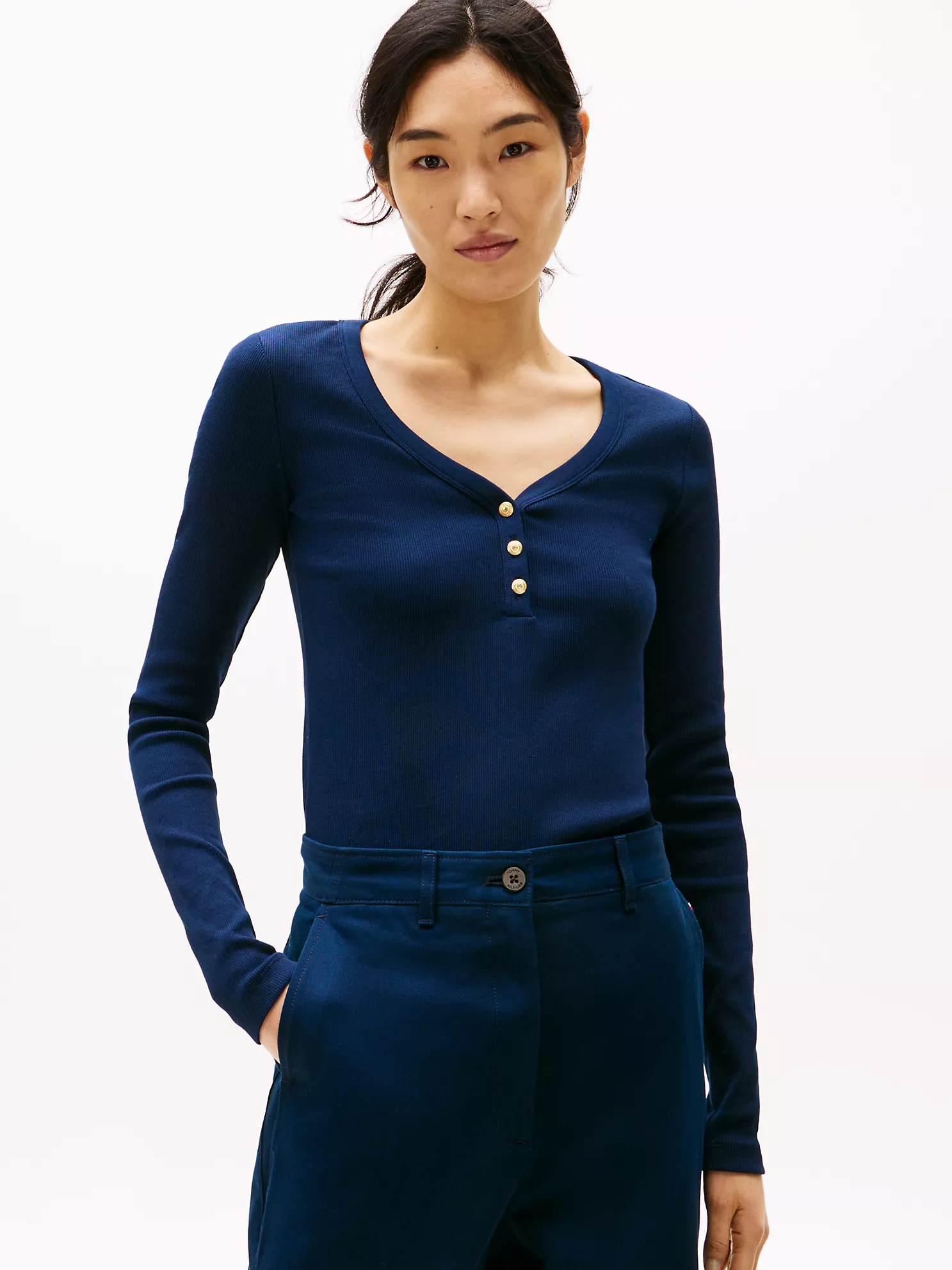 Slim Fit Gold-Button Scoop Neck Henley - Dark Night Navy 1 Slim Fit Gold-Button Scoop Neck Henley
- Dark Night Navy
