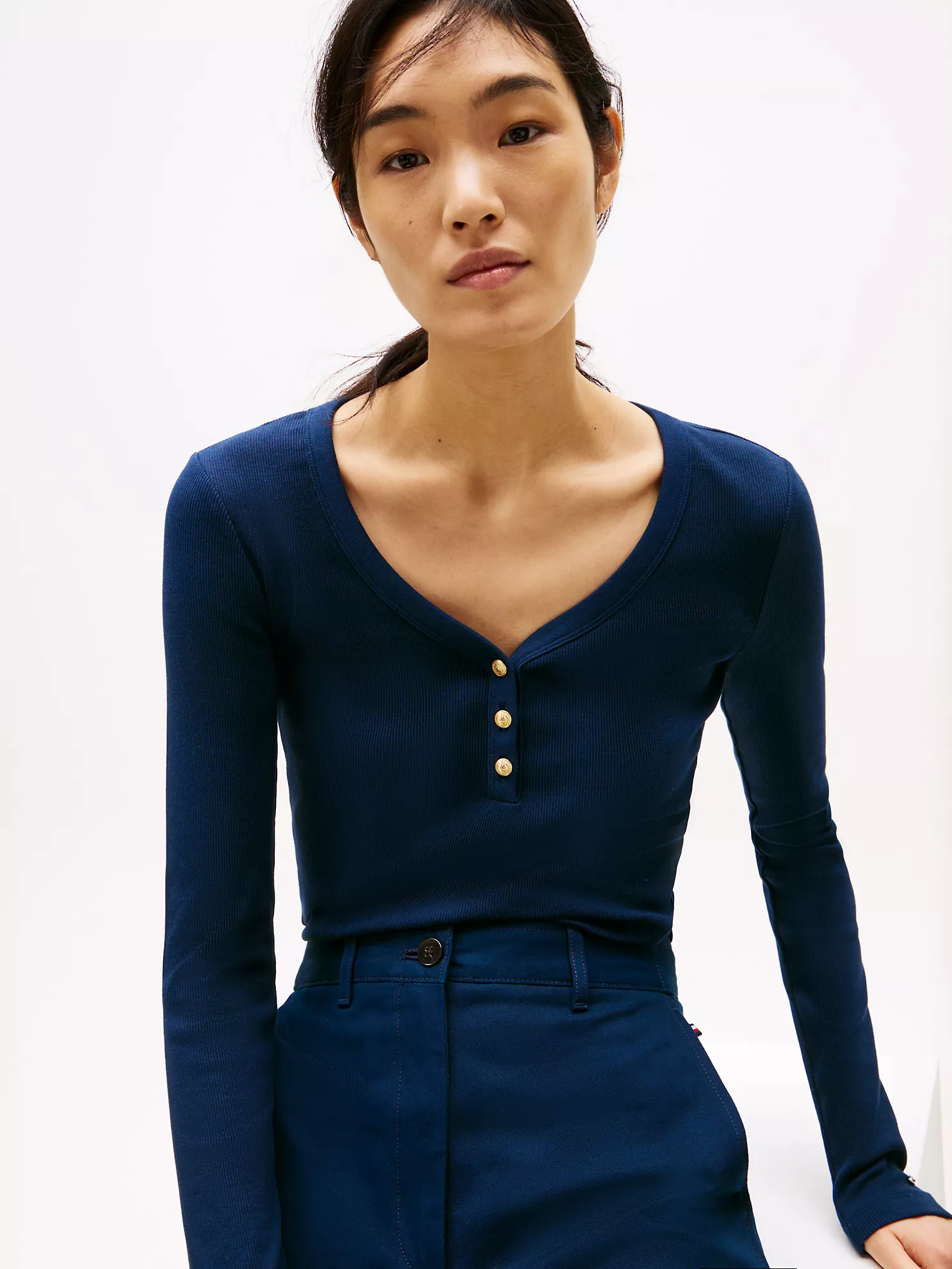 Slim Fit Gold-Button Scoop Neck Henley - Dark Night Navy 7 Slim Fit Gold-Button Scoop Neck Henley
- Dark Night Navy