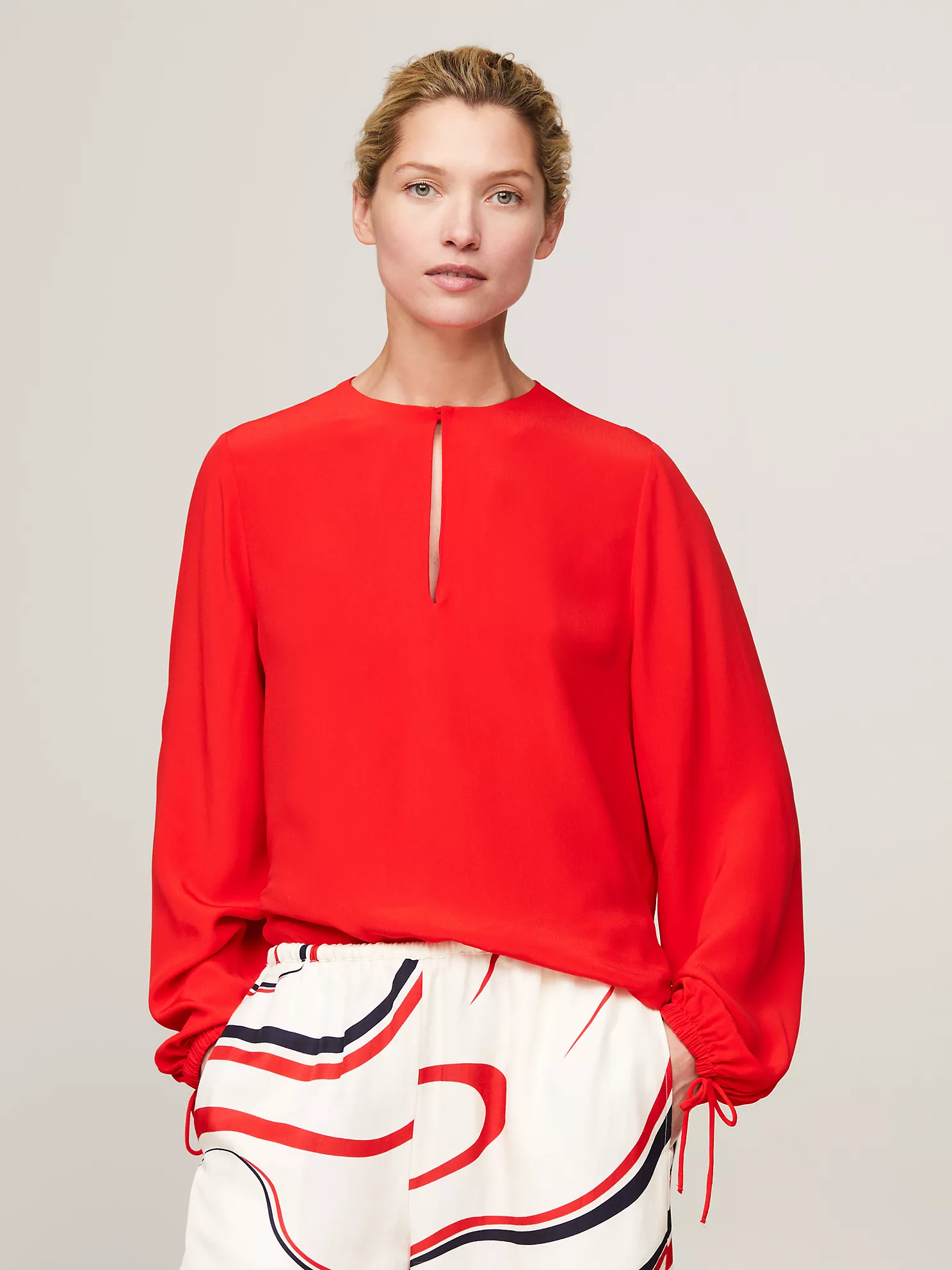 Relaxed Fit Keyhole Crepe Blouse - Fierce Red 1 Relaxed Fit Keyhole Crepe Blouse
- Fierce Red