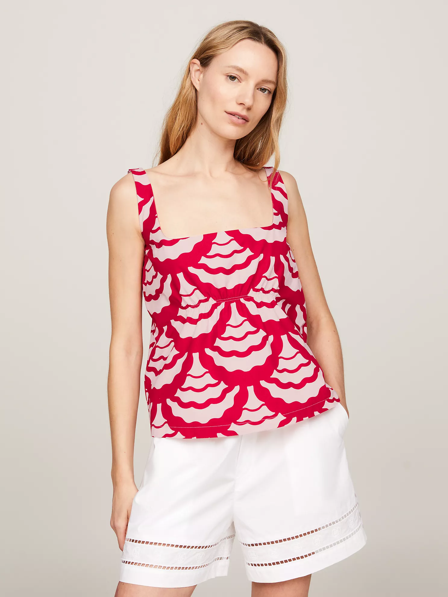 Wave Print Gathered Sleeveless Top - Exploded Vasity Seal/ Primary Red 1 Wave Print Gathered Sleeveless Top
- Exploded Vasity Seal/ Primary Red