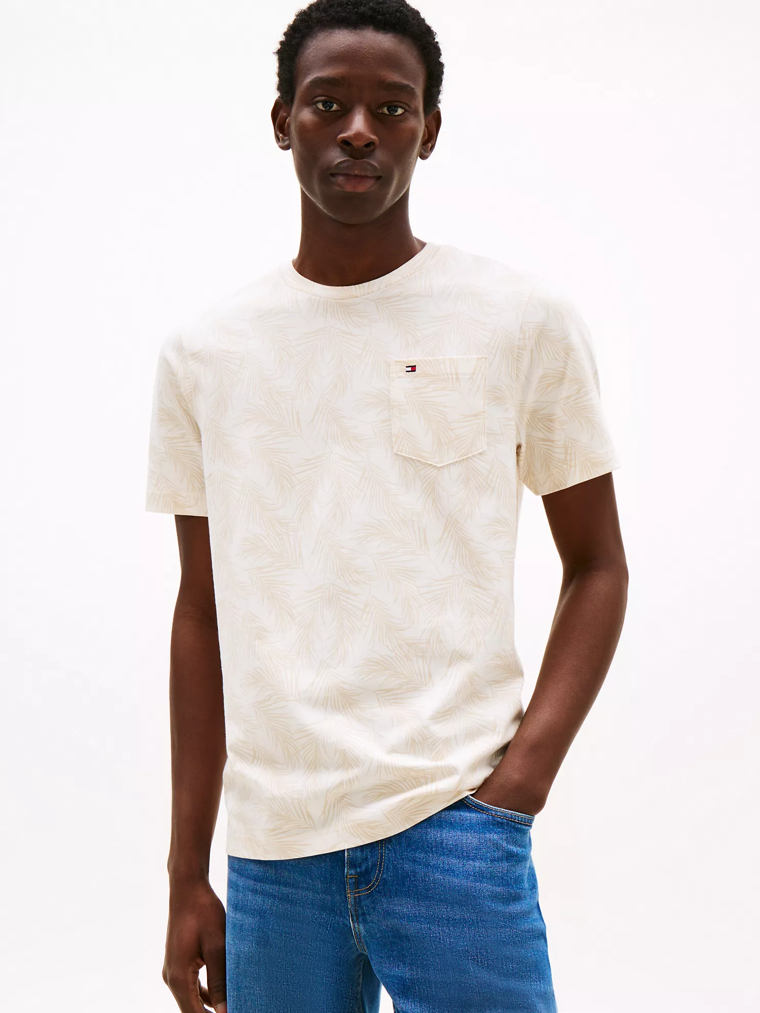 Allover Leaf Print Pocket T-Shirt - Ivory Petal 1 Allover Leaf Print Pocket T-Shirt
- Ivory Petal