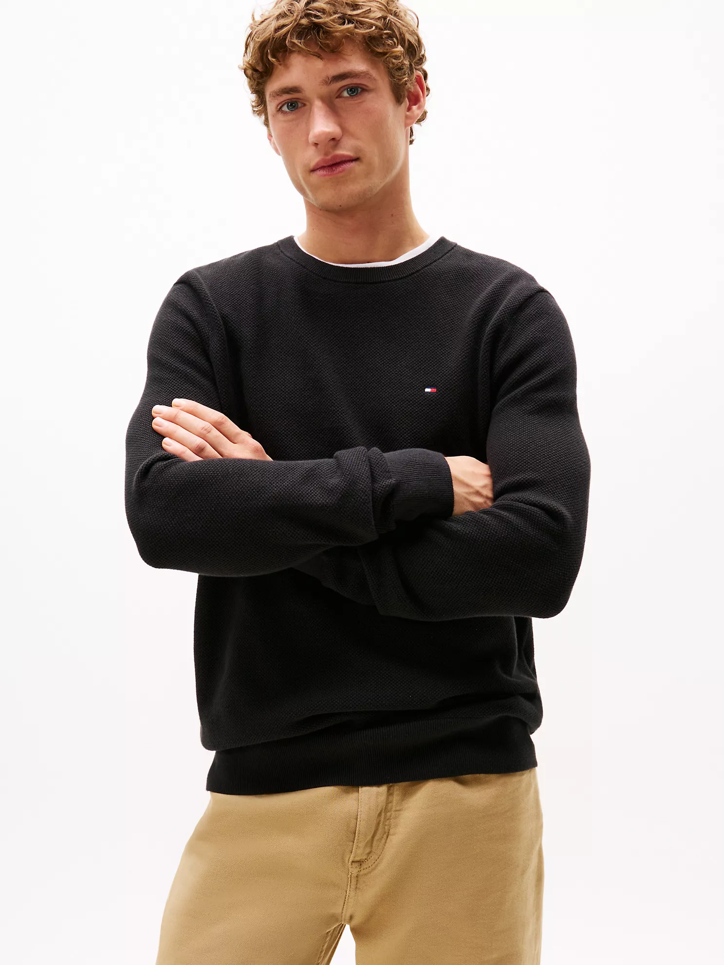 Textured Knit Crewneck Sweater - Black 1 Textured Knit Crewneck Sweater
- Black