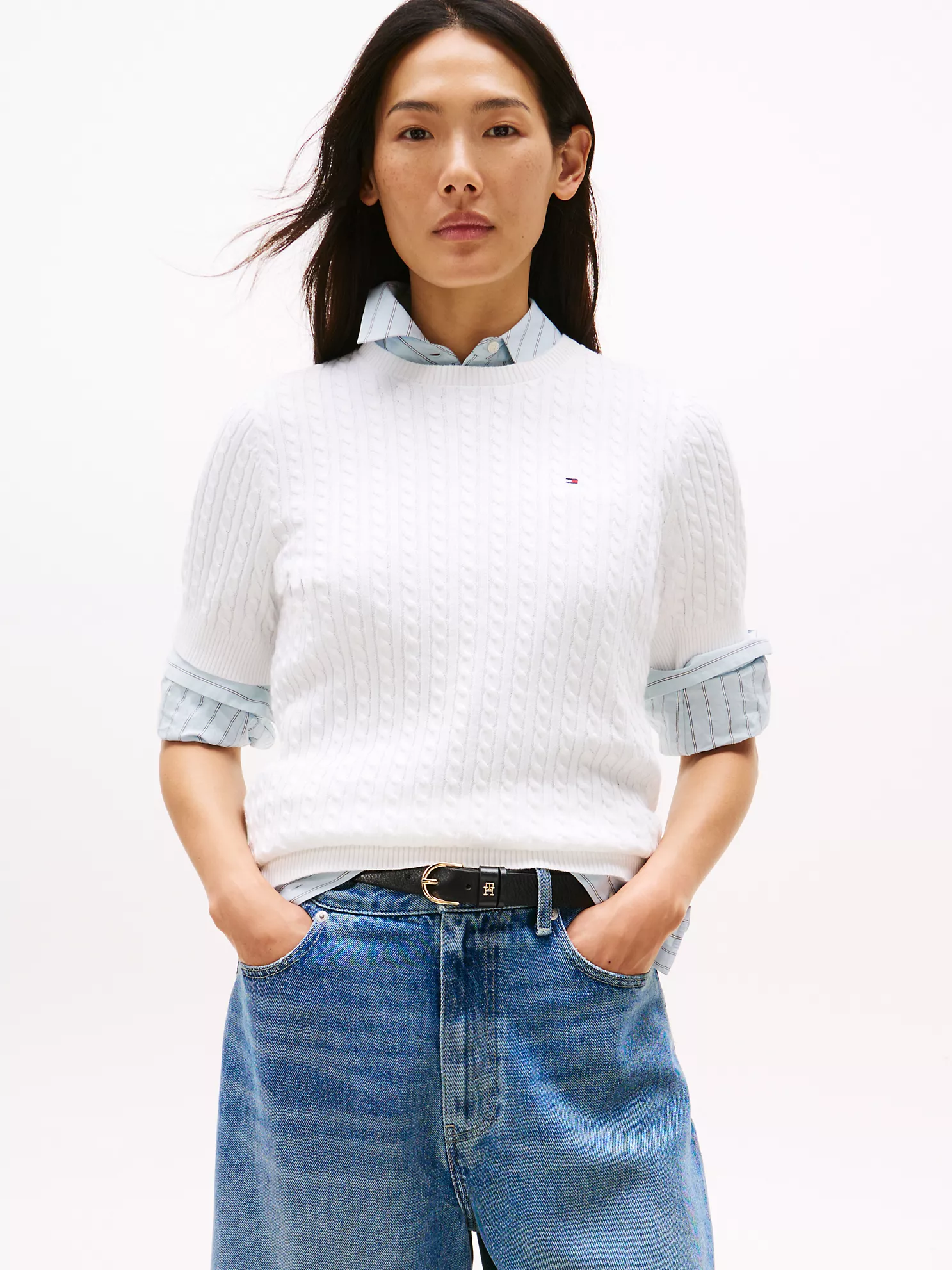 Short-Sleeve Cable Knit Sweater - Ecru 1 Short-Sleeve Cable Knit Sweater
- Ecru