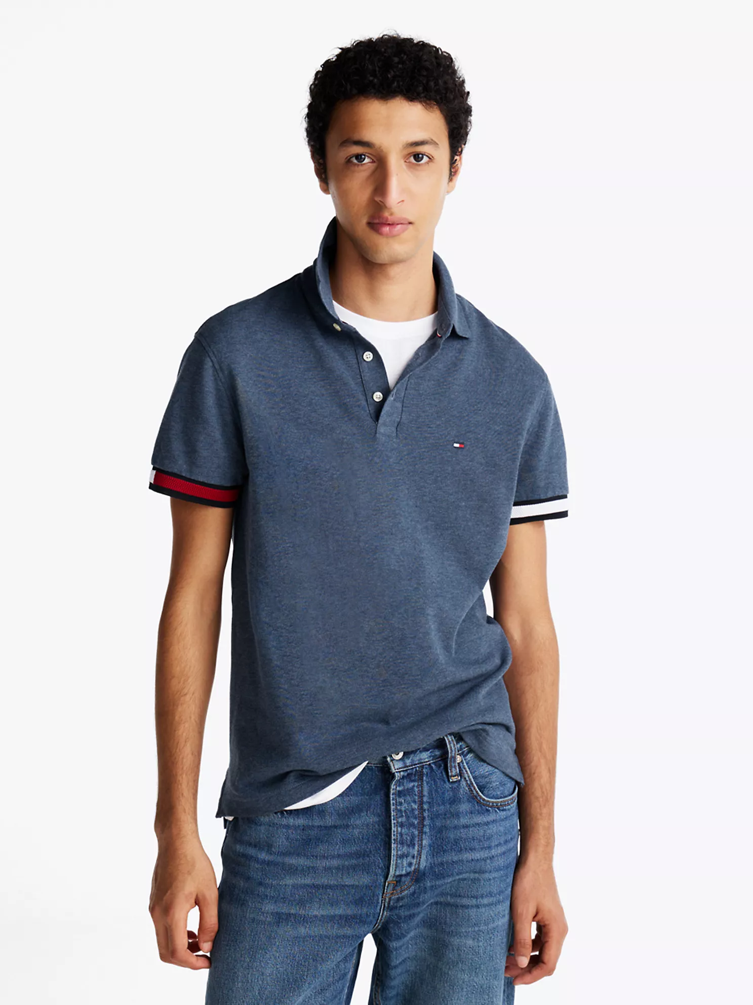 Slim Fit Flag Cuff Polo - Faded Indigo Heather 1 Slim Fit Flag Cuff Polo
- Faded Indigo Heather