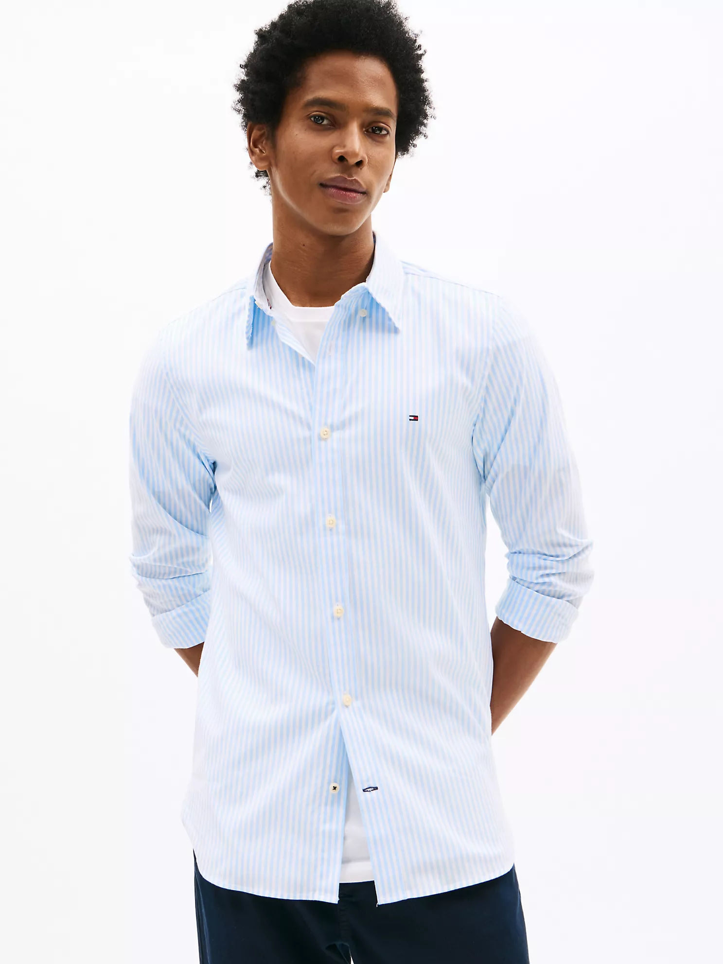 Slim Fit Stripe Stretch Poplin Shirt - Romantic Blue Stripe 1 Slim Fit Stripe Stretch Poplin Shirt
- Romantic Blue Stripe