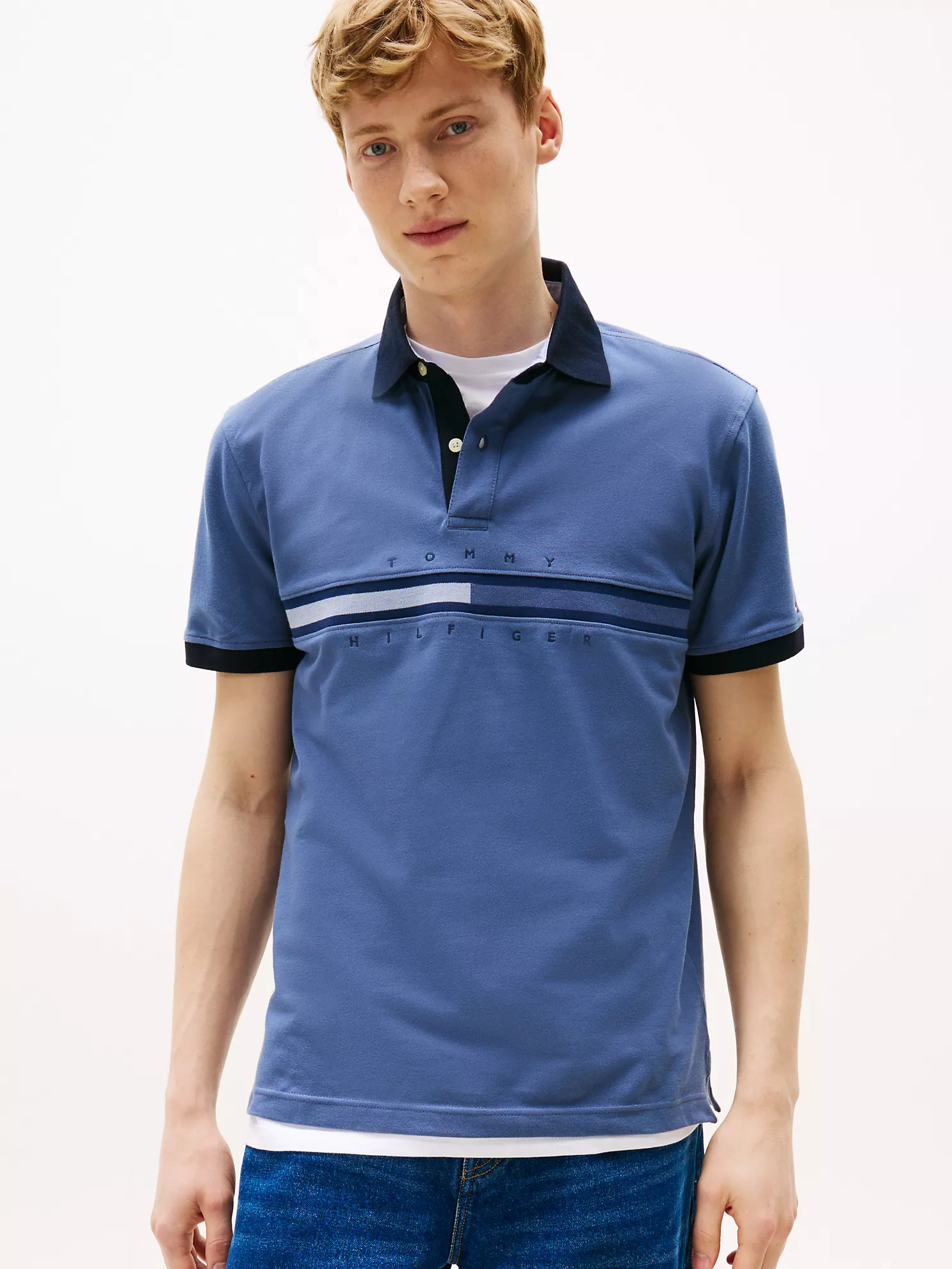 Regular Fit Tonal Tommy Stripe Polo
         - Bank Blue
